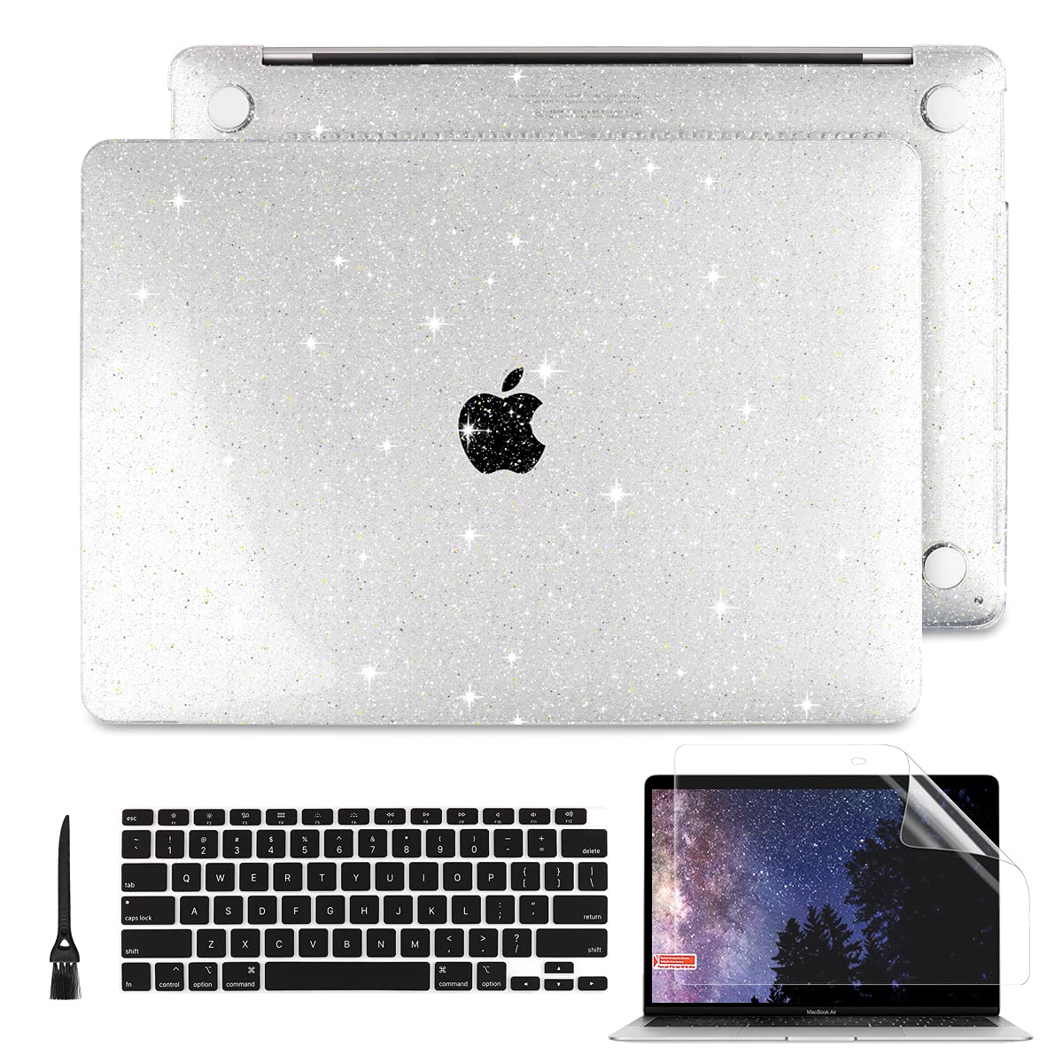 Batianda Clear Glitter Hard Shell Case Cover for MacBook Air 13 inch 2020 2019 2018 (A2337 M1 A2179 A1932) - Includes Keyboard Cover & Screen Protector - Compatible with New Mac Air 13