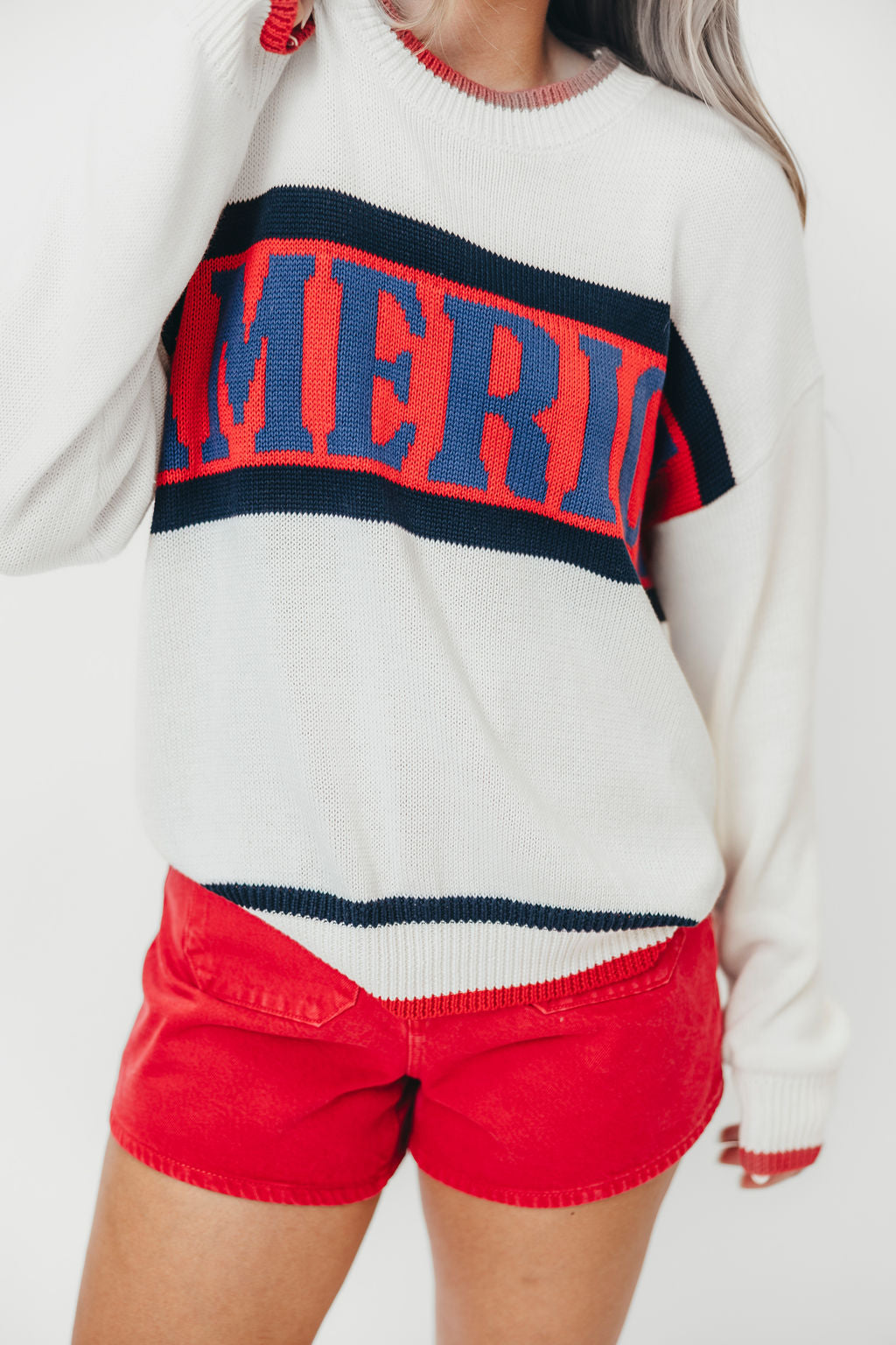American Graphic Print Long Sleeve Crewneck Sweater - White & Multi Color | Casual Fall Winter Fashion for Men & Women