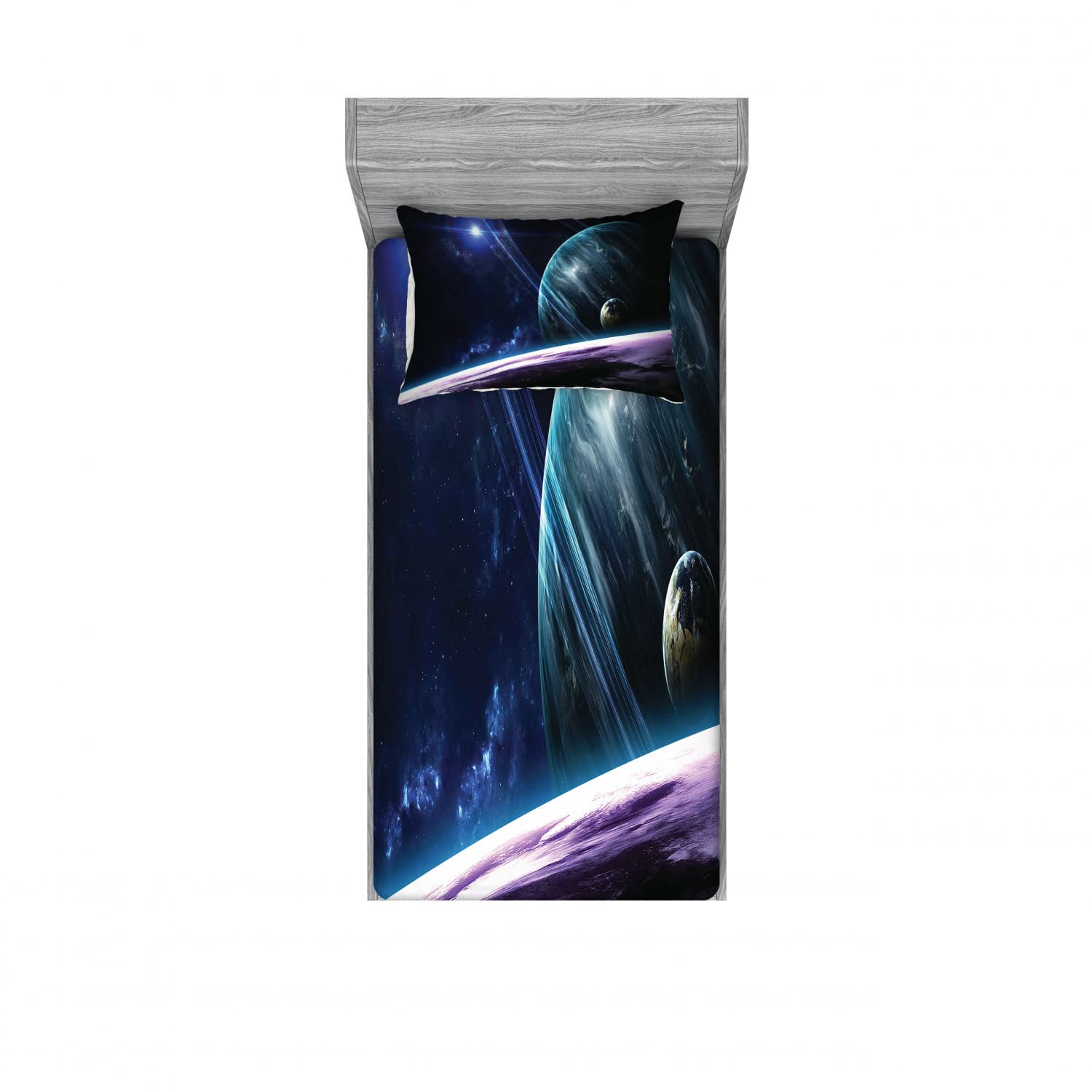 Ambesonne Space 2-Pack Twin XL Fitted Sheets & Pillow Sham Set - Universe Planets Design, Blue Purple 4-Piece Bedding Set for Kids & Teens - Perfect for Dorm Rooms, Space-Themed Bedrooms & Astronomy Lovers