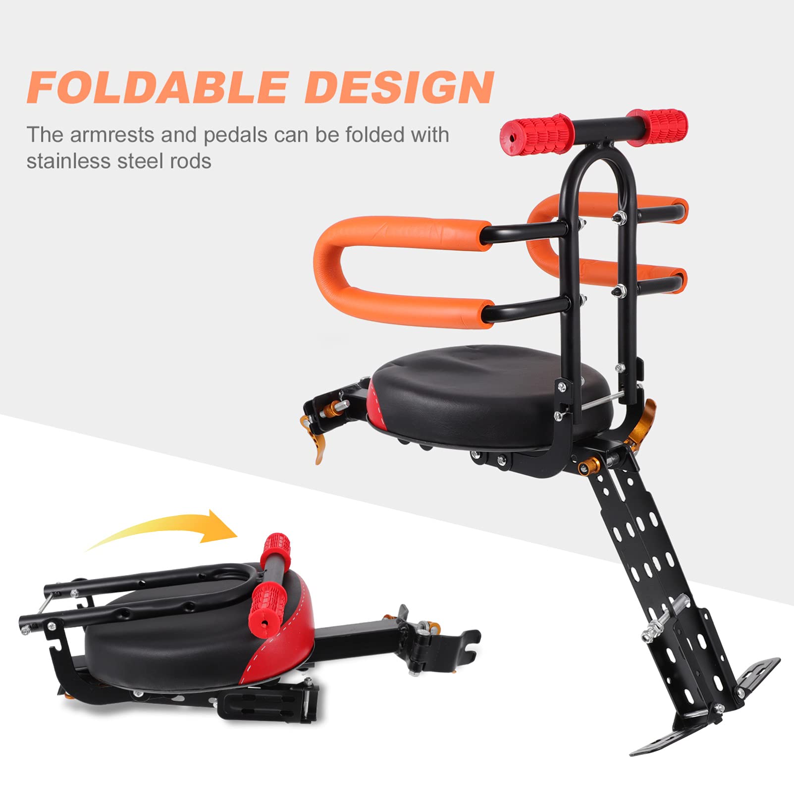 BESPORTBLE Foldable Front Bike Seat for Kids - Adjustable Child Bike Saddle with Safety Footrest, Steel Frame Carrier for Baby & Toddler - Perfect for Family Cycling, Commuting and Outdoor Adventures