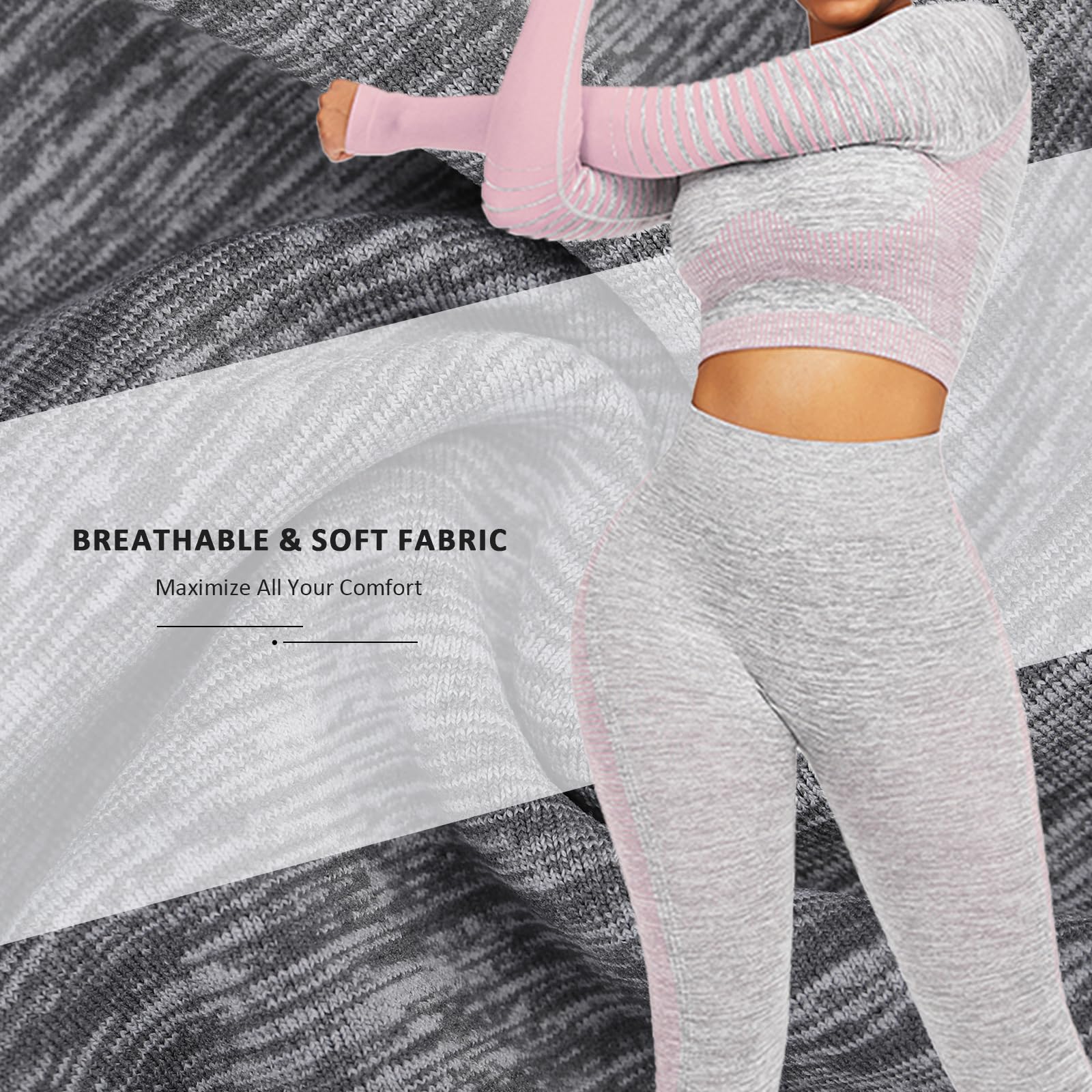 FeelinGirl Women's 2-Piece Workout Set - Long Sleeve seamless ribbed crop top & high waist leggings - Yoga, Gym, Running & Lounge Wear