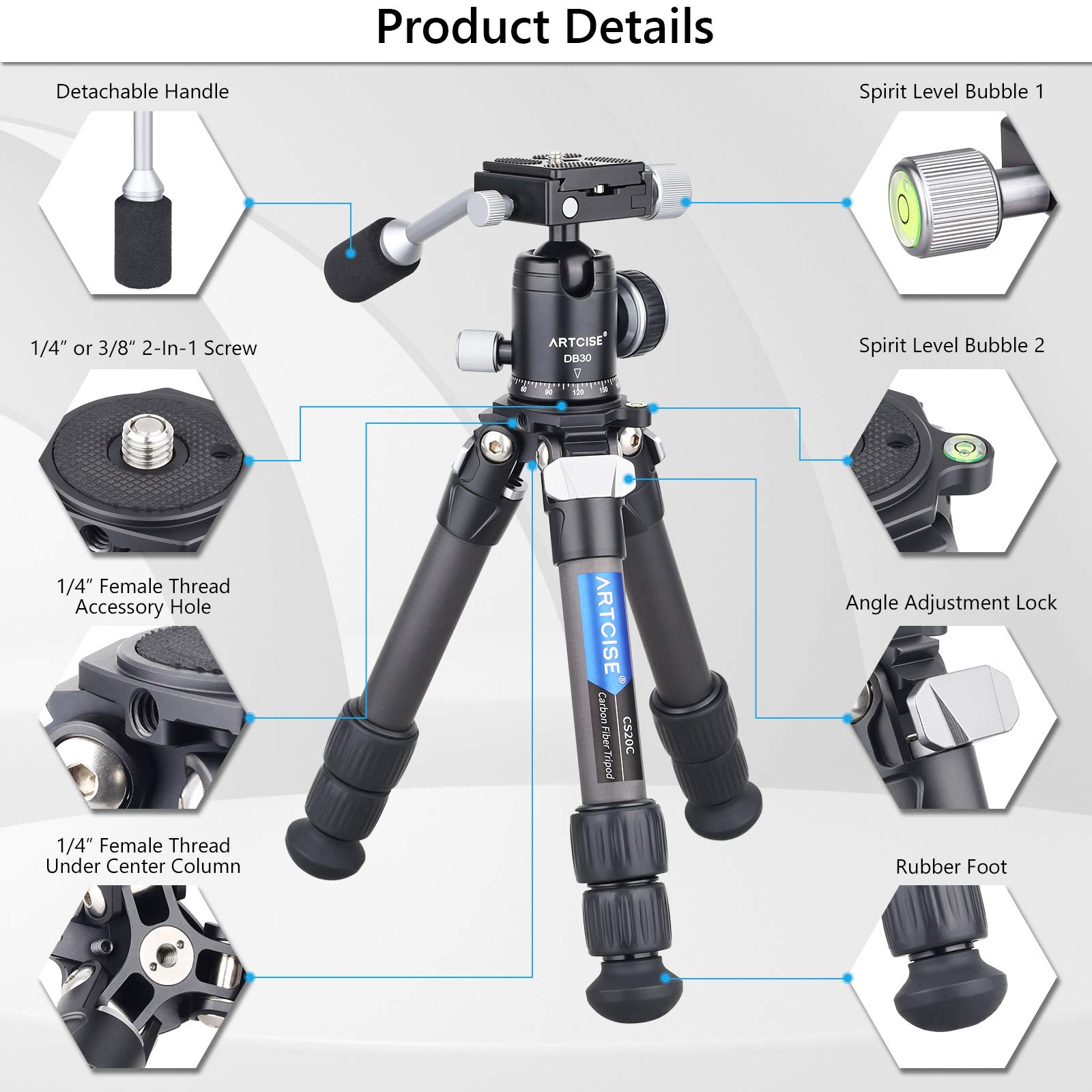Carbon Fiber Mini Tripod Kit - Lightweight Portable Tabletop Tripod with 360° Ball Head, CNC Magic Arm & Phone Holder - Compact Travel & Desktop Tripod for DSLR Cameras (Max Load 22lbs/10kg) - Perfect for Vlogging, Photography, Live Streaming & Outdoor Adventures