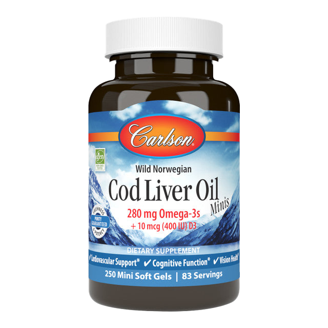 Carlson Labs Cod Liver Oil Minis 280mg - 250 Mini Softgels for Heart, Brain & Immune Support | Easy-to-Swallow Omega-3 Supplement for Adults & Kids