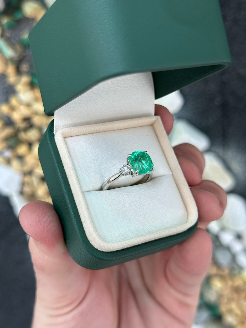 4.10tcw 14K White Gold Cushion Cut Emerald & Round Diamond Three Stone Engagement Ring for Women - Perfect for Proposals, Anniversaries & Special Occasions