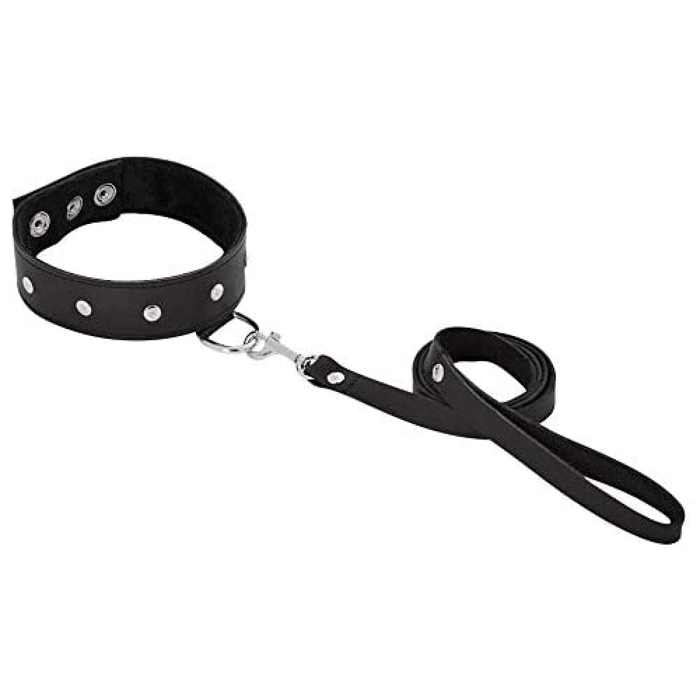 Sex & Mischief Black Leather Leash and Collar Set for BDSM, Bondage, Pet Play - Durable Adjustable BDSM Gear for Couples & Roleplay
