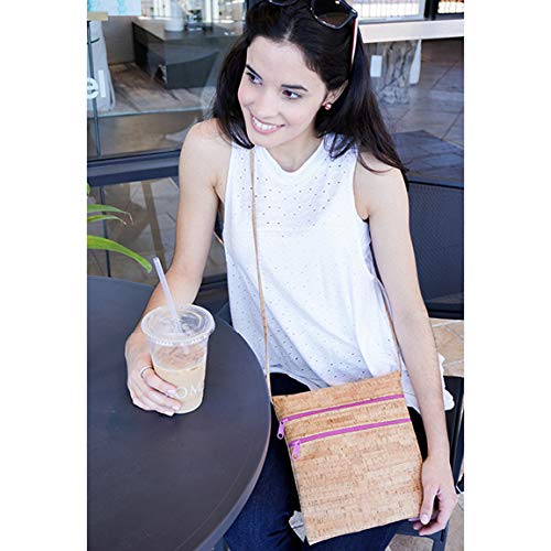 Stylish Double Zipper Pocket Cork Crossbody Bag with Red Zipper - Perfect for Travel, Shopping & Everyday Use