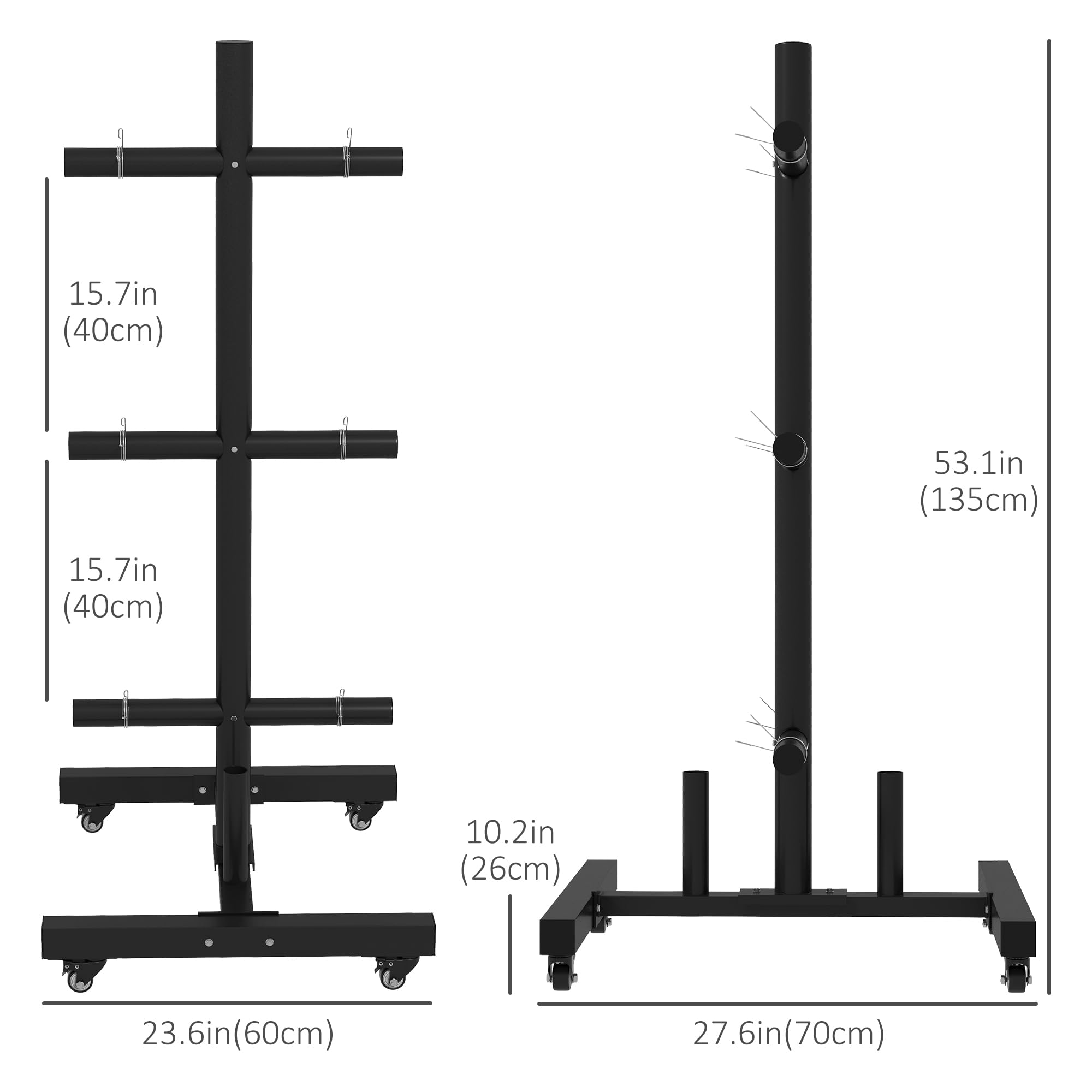 Soozier Olympic Bumper Plate Rack Holder for 2 Inch Weight Plates & Bars - 440lbs Capacity with 4 Wheels & 6 Clamps - Perfect for Home Gym, CrossFit, and Commercial Fitness Centers
