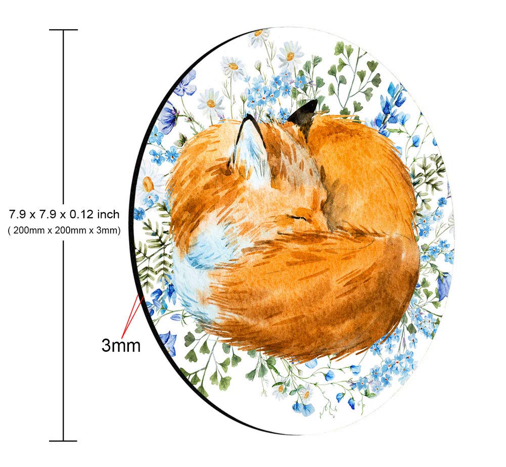 Smooffly Fox Floral Blue Flowers Round Mouse Pad - Cute Animal Design Desk Accessory for Office & Gaming Setup | Non-Slip Computer Mouse Mat for Work, Home & School Use