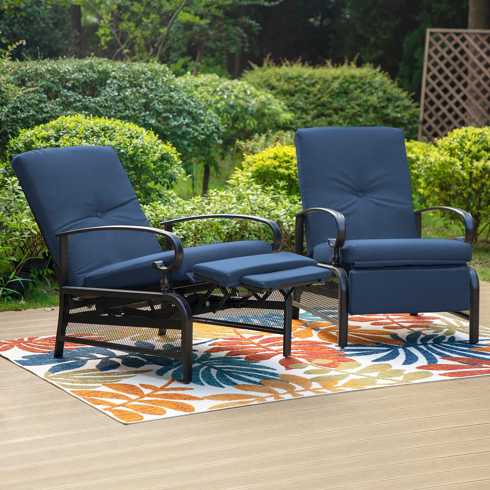 PHI VILLA Outdoor Recliner Chairs Set of 2 - Oversized Patio Lounge Chairs with Removable Blue Cushion, Zero Gravity Metal Chaise for Garden, Poolside, Deck - Perfect for Relaxing, Sunbathing and Outdoor Lounging