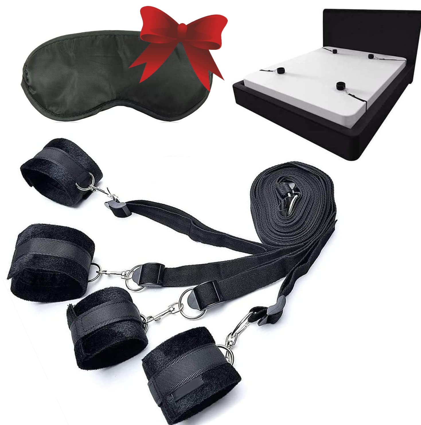 BDSM Under Bed Restraints Kit - Adjustable Wrist & Ankle Cuffs with Blindfold for Couples | Spice Up Your Sex Life | Perfect for Bedroom Bondage, Fetish Play & Sensual Exploration (Fits Any Mattress)