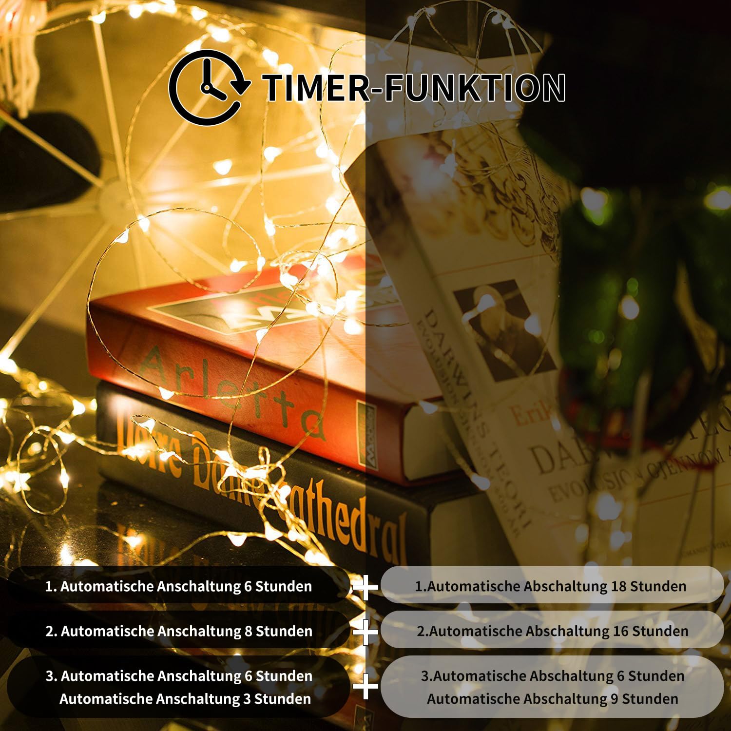 Gresonic 200/300 LED Silver Wire Fairy Lights - Indoor/Outdoor Battery Operated String Lights, Warm White (8 Modes, Timer, Dimmable, 200 LEDs) - Perfect for Christmas, Wedding, Party, Garden, and Home Decor