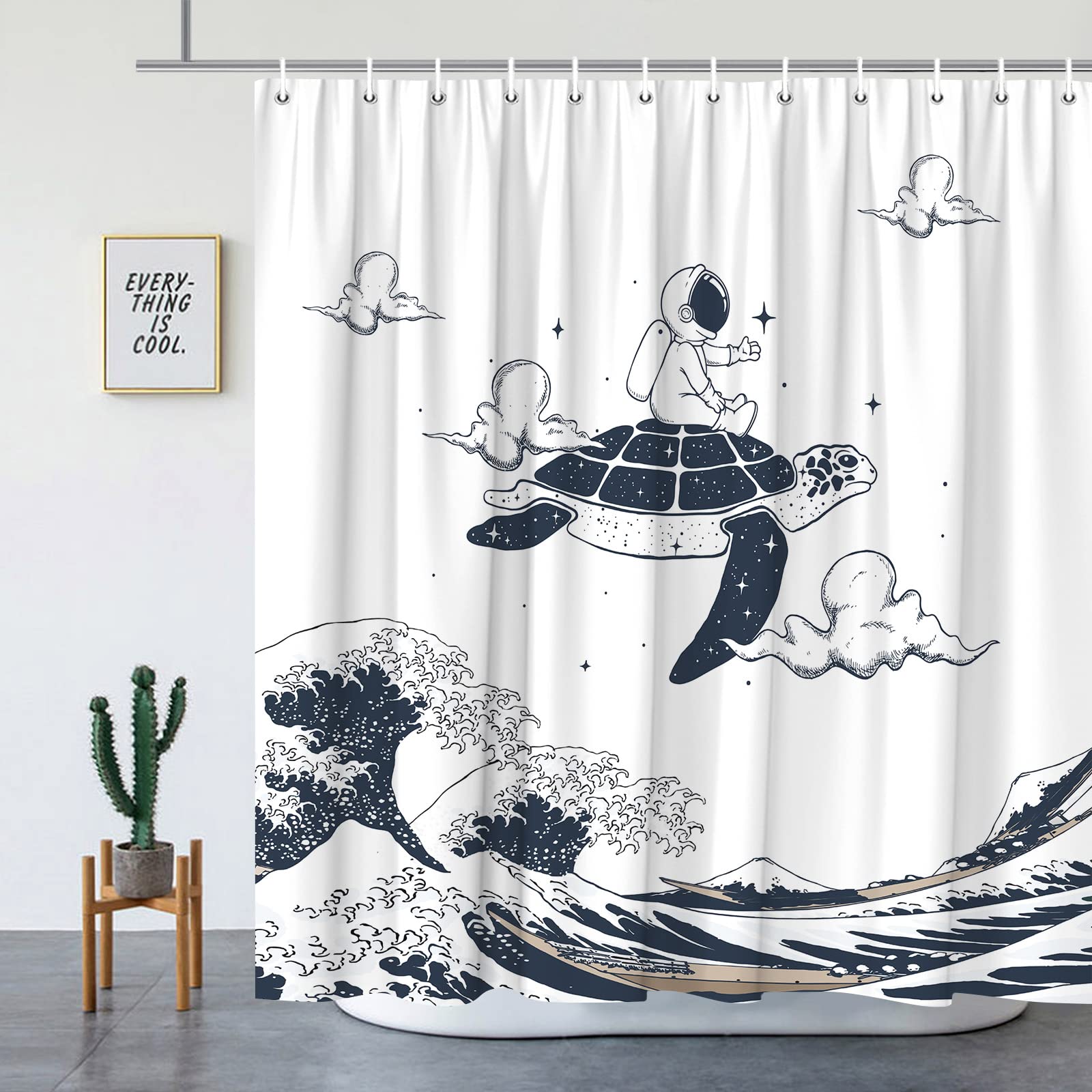 Funny Astronaut Turtle Japanese Ocean Wave Shower Curtain - Waterproof Polyester Fabric Bathroom Decor with Hooks 70x70 Inch - Perfect for Kids' Bathroom, Beach Theme Decor & Unique Gift Idea