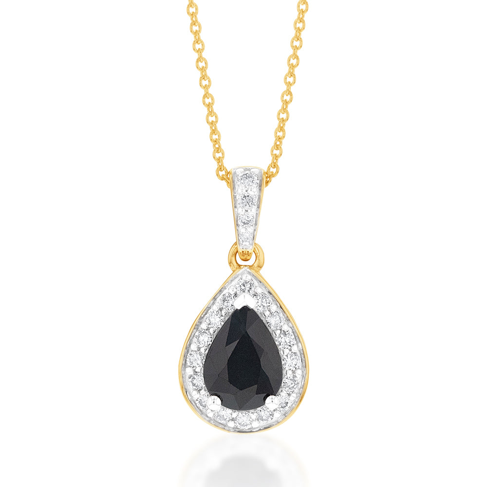 9ct Yellow Gold 1ct Natural Sapphire Pear Halo Pendant with 0.15ct Diamond on 45cm Chain - Elegant Necklace for Women, Perfect Gift for Anniversary, Birthday & Special Occasions