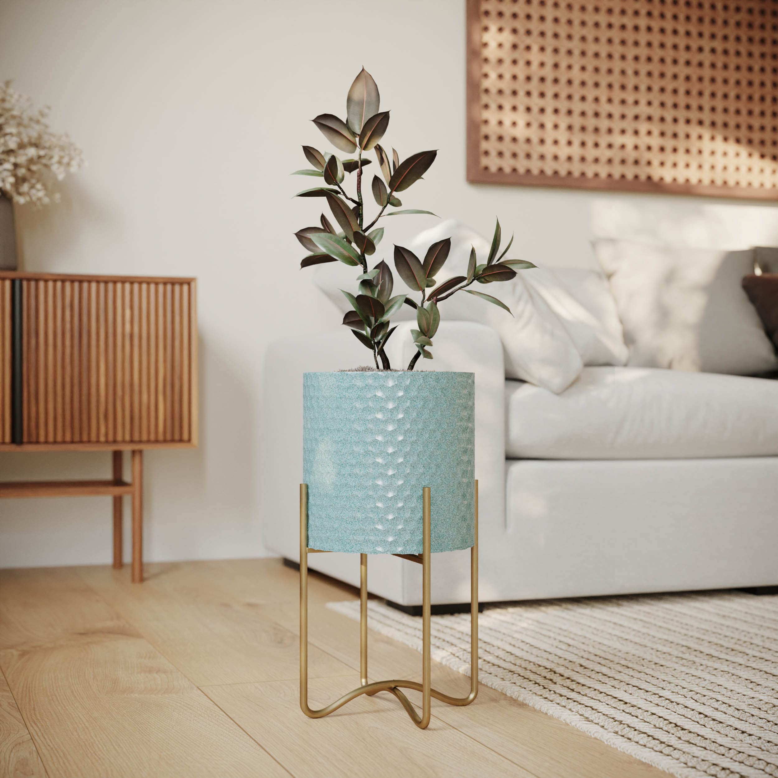 EverNest Mid-Century Modern Rhys Honeycomb Embossed Planter Pot with Ambrose Stand - Set of 3 Metal Indoor Planters in Blue Green Bohemian Style | Perfect for Home Decor, Living Room, Office & Boho Interior Design