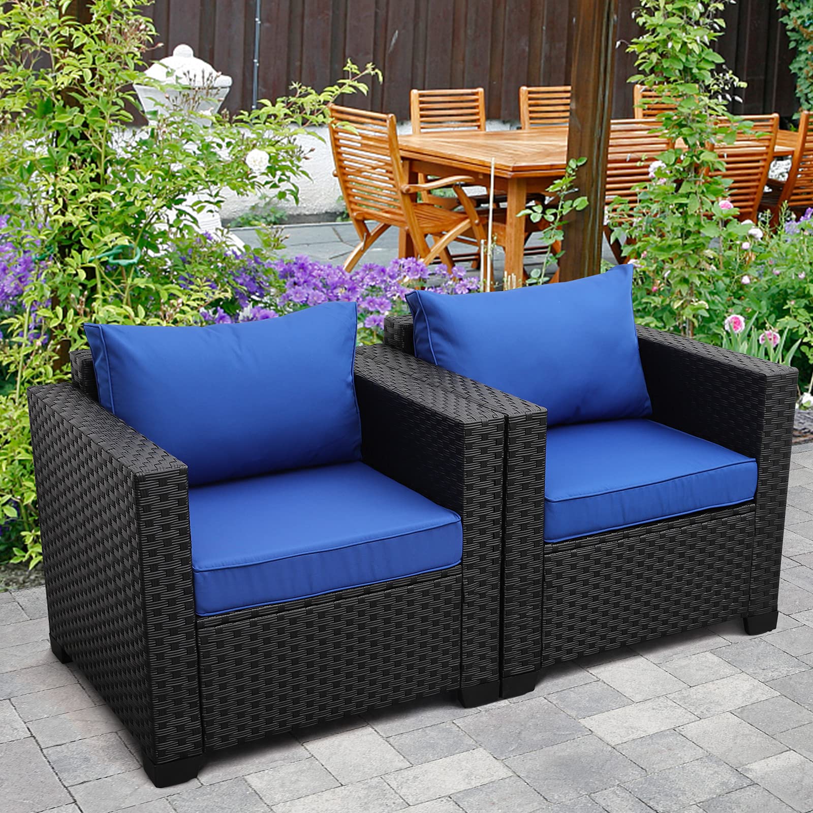 Rattan Patio Single Sofa Chairs Set of 2 - Outdoor Wicker Accent Club Chairs with Anti-Slip Cushions & Waterproof Cover, Royal Blue - Perfect for Garden, Poolside, Deck, and Backyard Relaxation