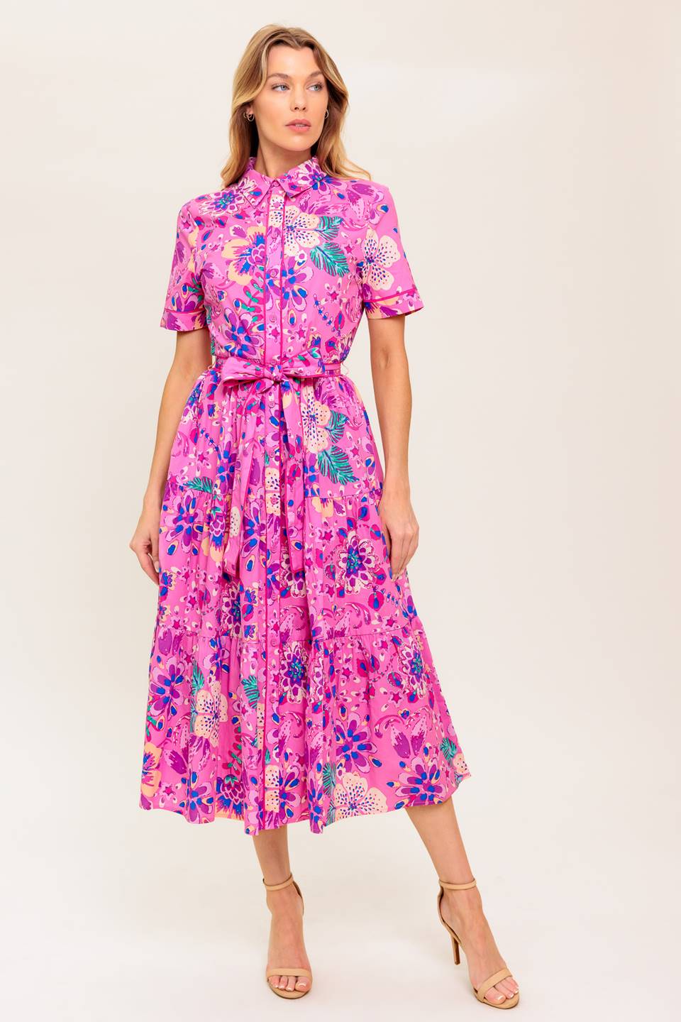 Pink & Purple Floral Midi Dress for Women - Elegant Petal Press Design - Perfect for Spring, Summer, Weddings & Special Occasions