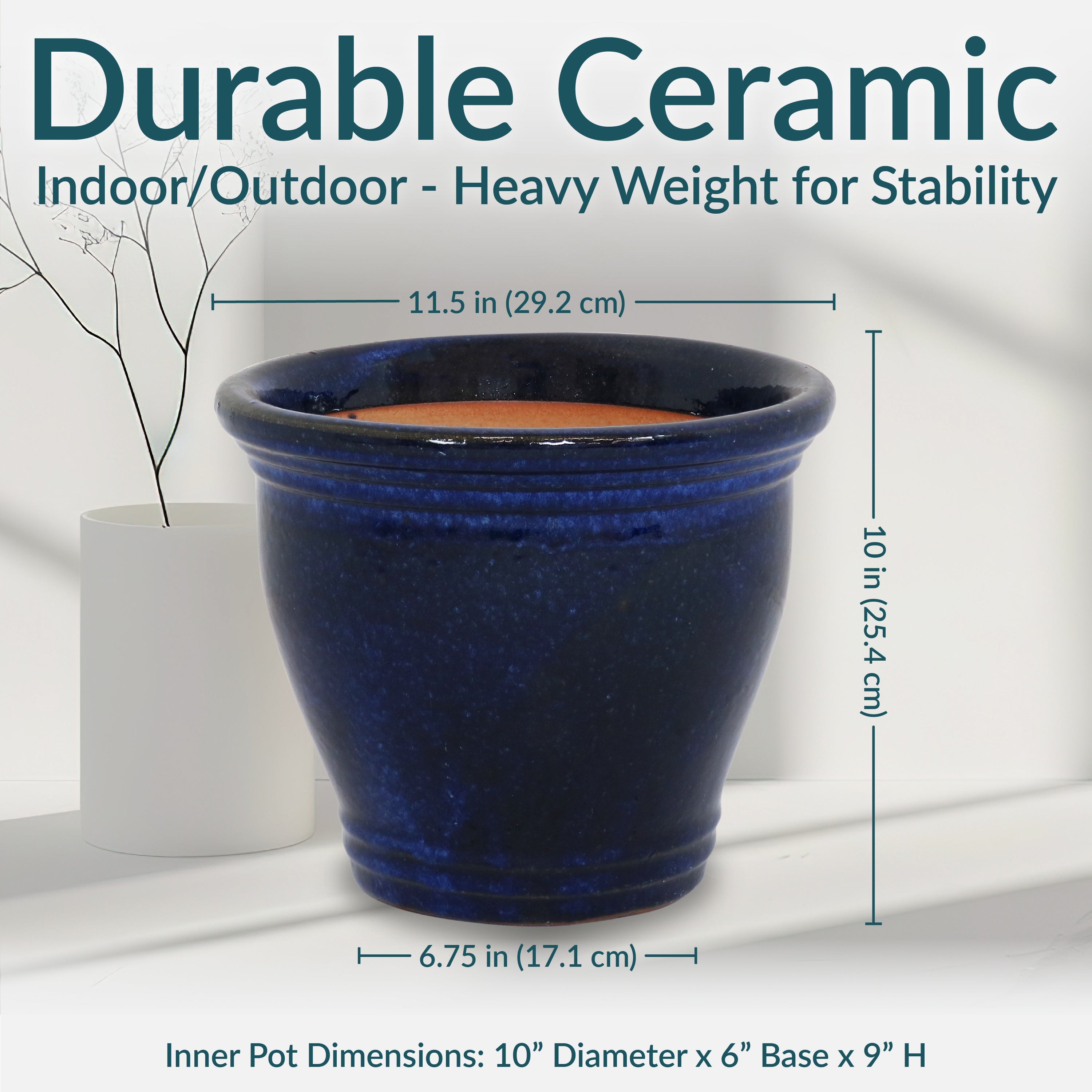 Premium Glazed Ceramic Plant Pots with Drainage Holes - Set of 2 Indoor/Outdoor Flower Planters for Home Decor, Garden & Patio