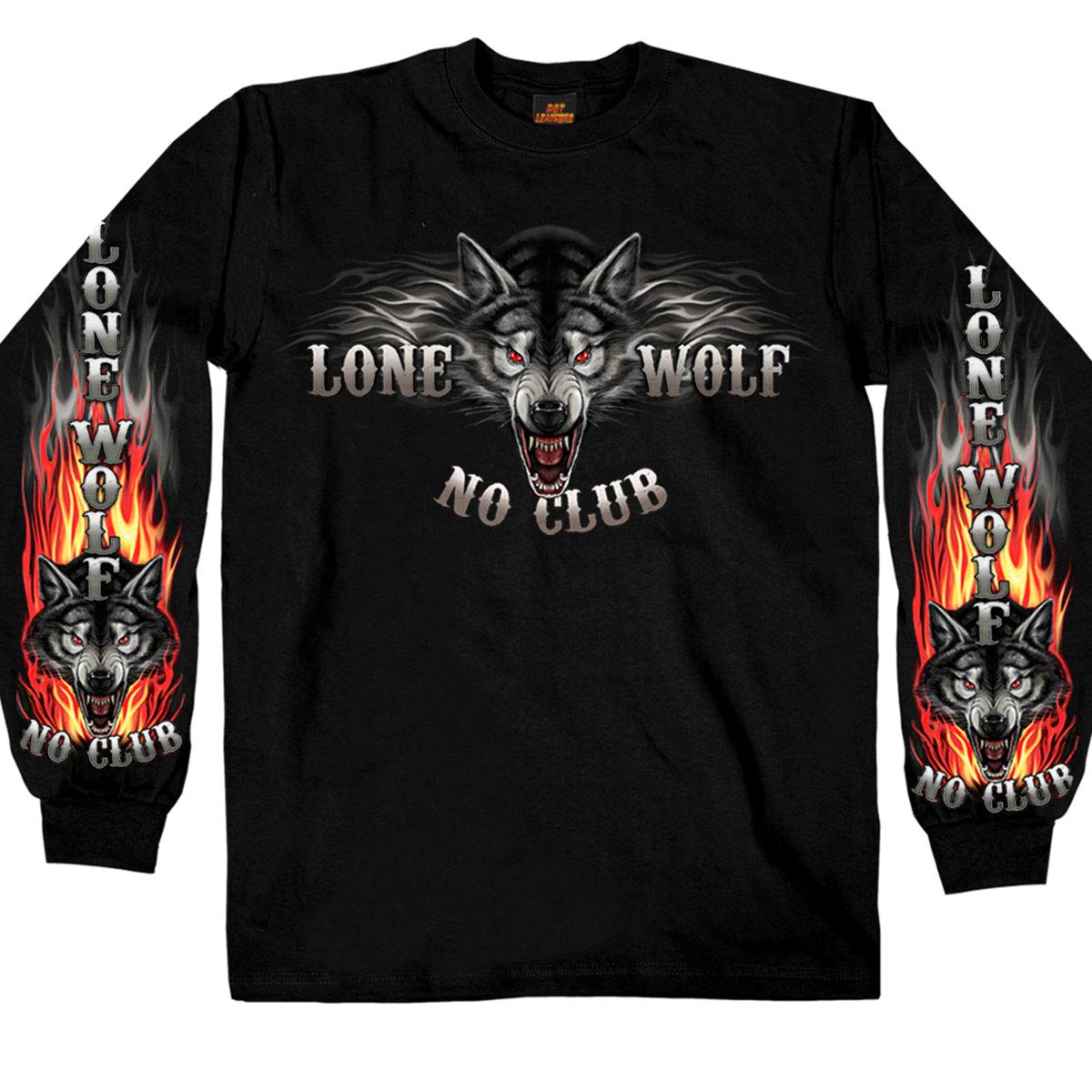Black Lone Wolf No Club Biker Long Sleeve Double-Sided T-Shirt | Premium Leather-Look Motorcycle Shirt for Men | Riding, Cruising & Biker Events