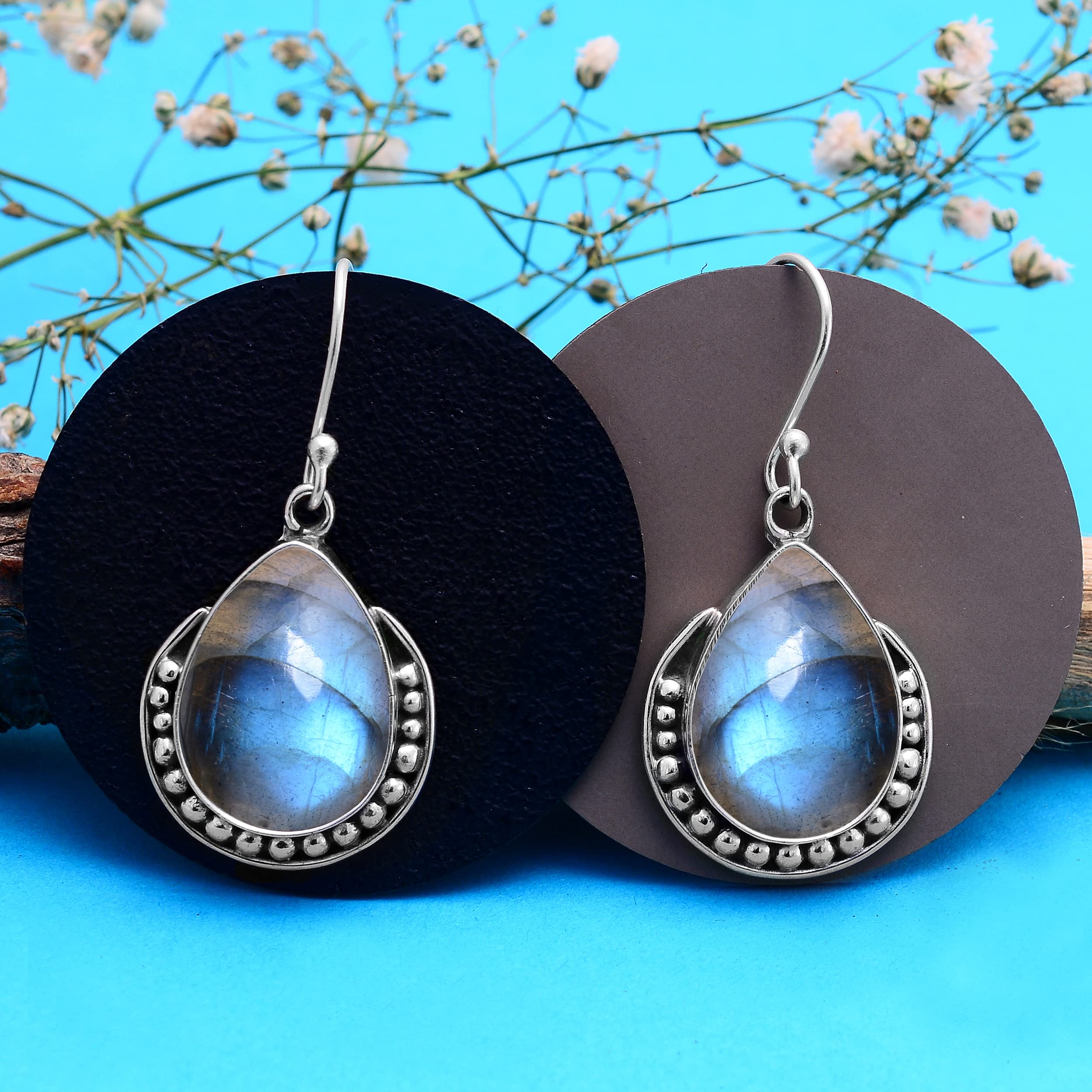Labradorite Earrings for Women - 925 Sterling Silver Blue Green Gemstone Jewelry | Handmade Dangle Earrings with Labradorite Stone | Perfect for Gift, Wedding & Evening Wear (VSE-442)