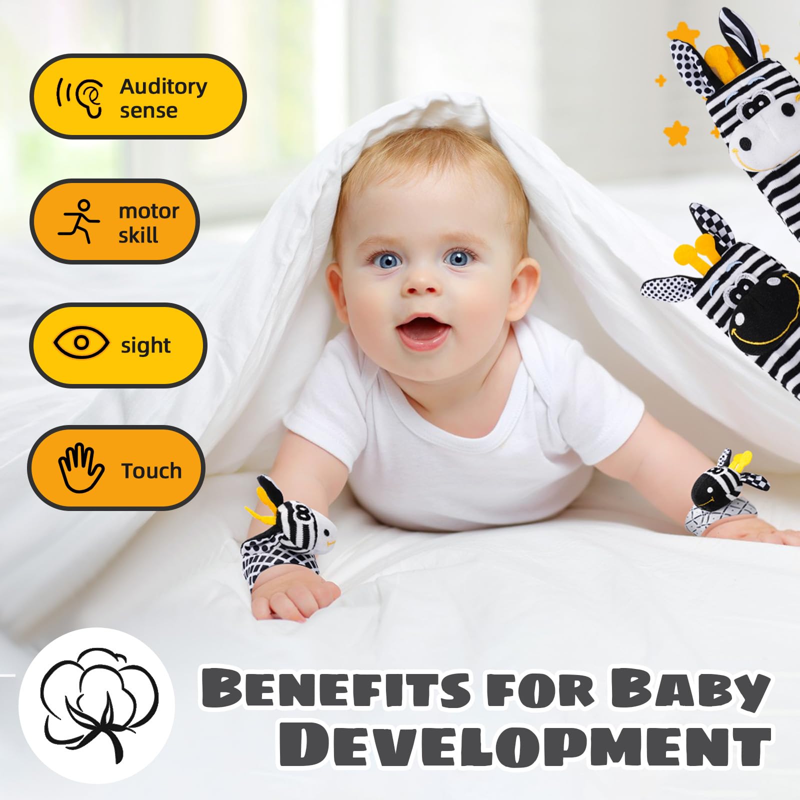 High Contrast Black and White Baby Toys for Newborns 0-6 Months - Infant Rattle Socks & Wrist Toy for Brain Development - Perfect Baby Shower Gift for Boys & Girls - Great for Tummy Time & Sensory Play