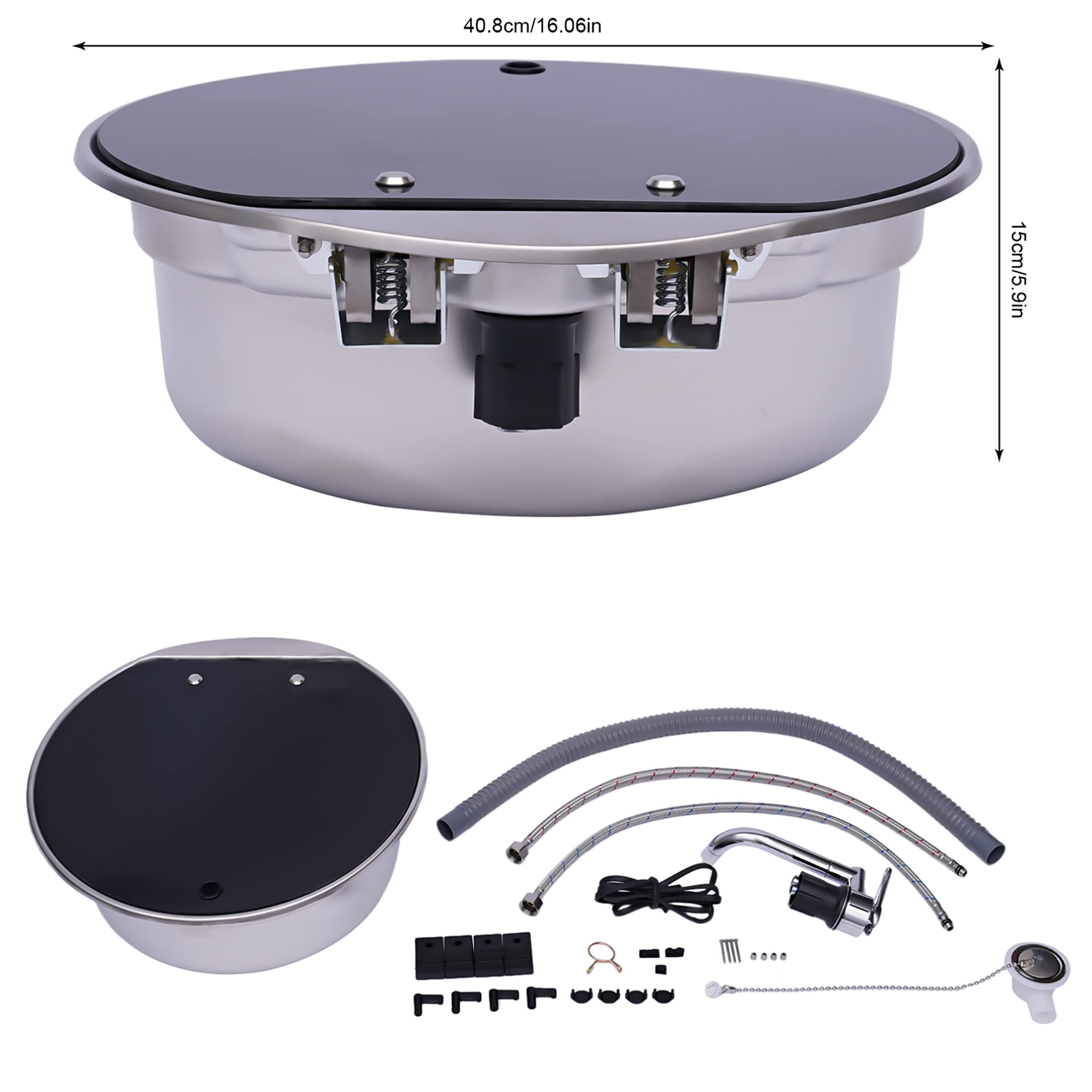 16 Inch Small RV Kitchen Sink with Foldable Faucet & Lid - Stainless Steel Single Bowl Hand Wash Basin for Bar, Caravan, Van, Camper, Boat - Perfect for Compact Spaces & Outdoor Adventures