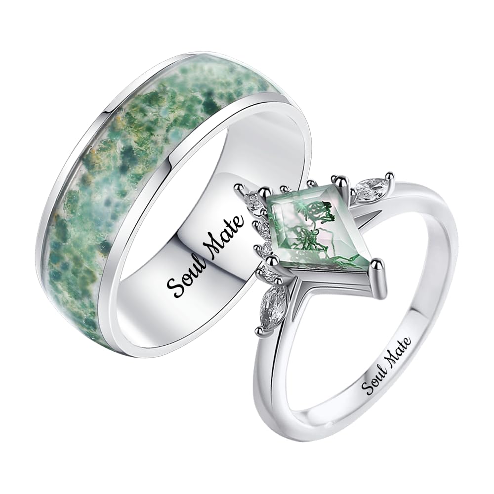 Vintage Moss Agate Promise Rings for Couples - Unique Stainless Steel Engagement Rings Set for Him & Her - Kite Shaped Women's Ring & Matching Men's Band - Perfect for Anniversaries, Weddings & Romantic Gifts