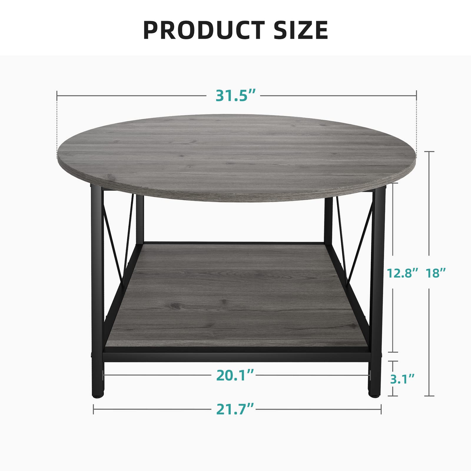 YITAHOME Modern Round Coffee Table with Storage - 2 Tier Wooden Circle Center Table with Metal Frame, Gray - Perfect for Living Room, Small Spaces & Home Decor
