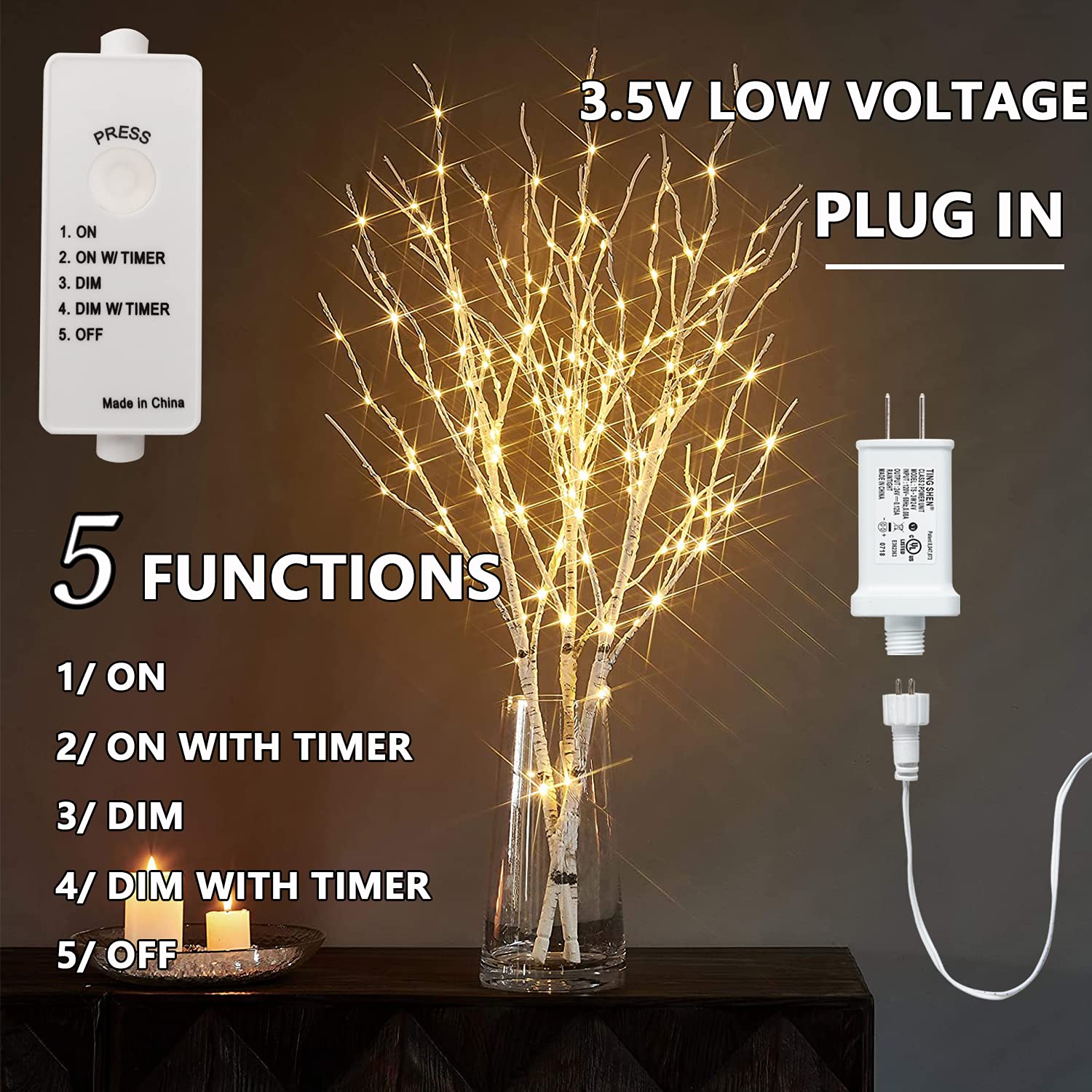 150 LED Fairy Lights with Timer - 32in Plug-in White Birch Twigs for Vase, Christmas & Home Decor (Indoor/Outdoor Use) - Perfect for Centerpieces, Weddings, Parties & Seasonal Displays
