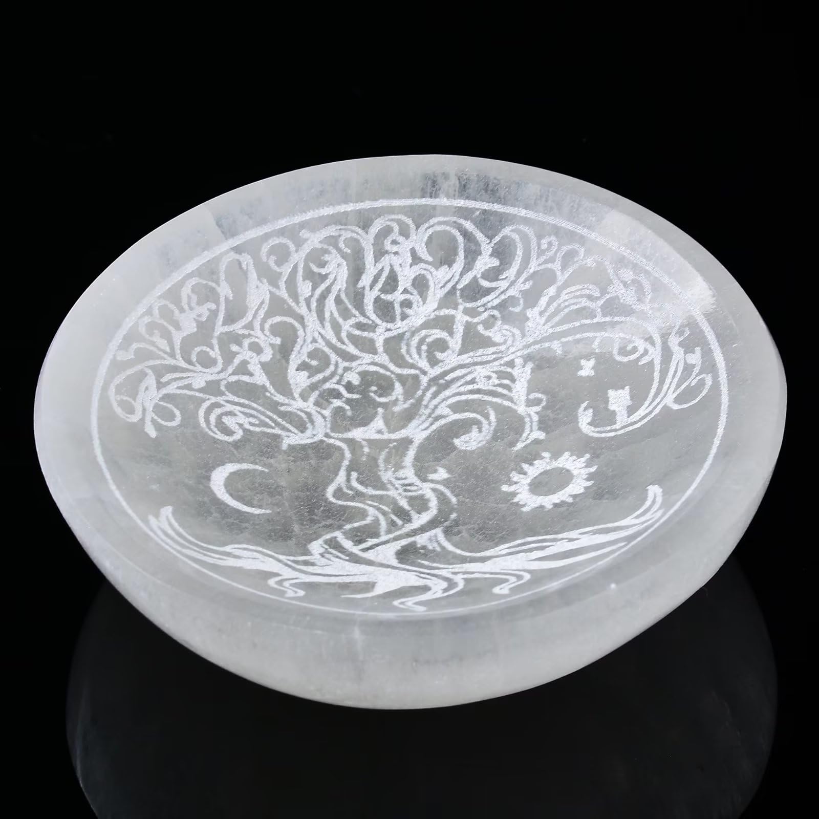 AMOYSTONE Natural Selenite Crystal Bowl - Charging Plate with Tree of Life Engraving | Energy Cleansing & Meditation Accessory for Home, Office & Spiritual Healing