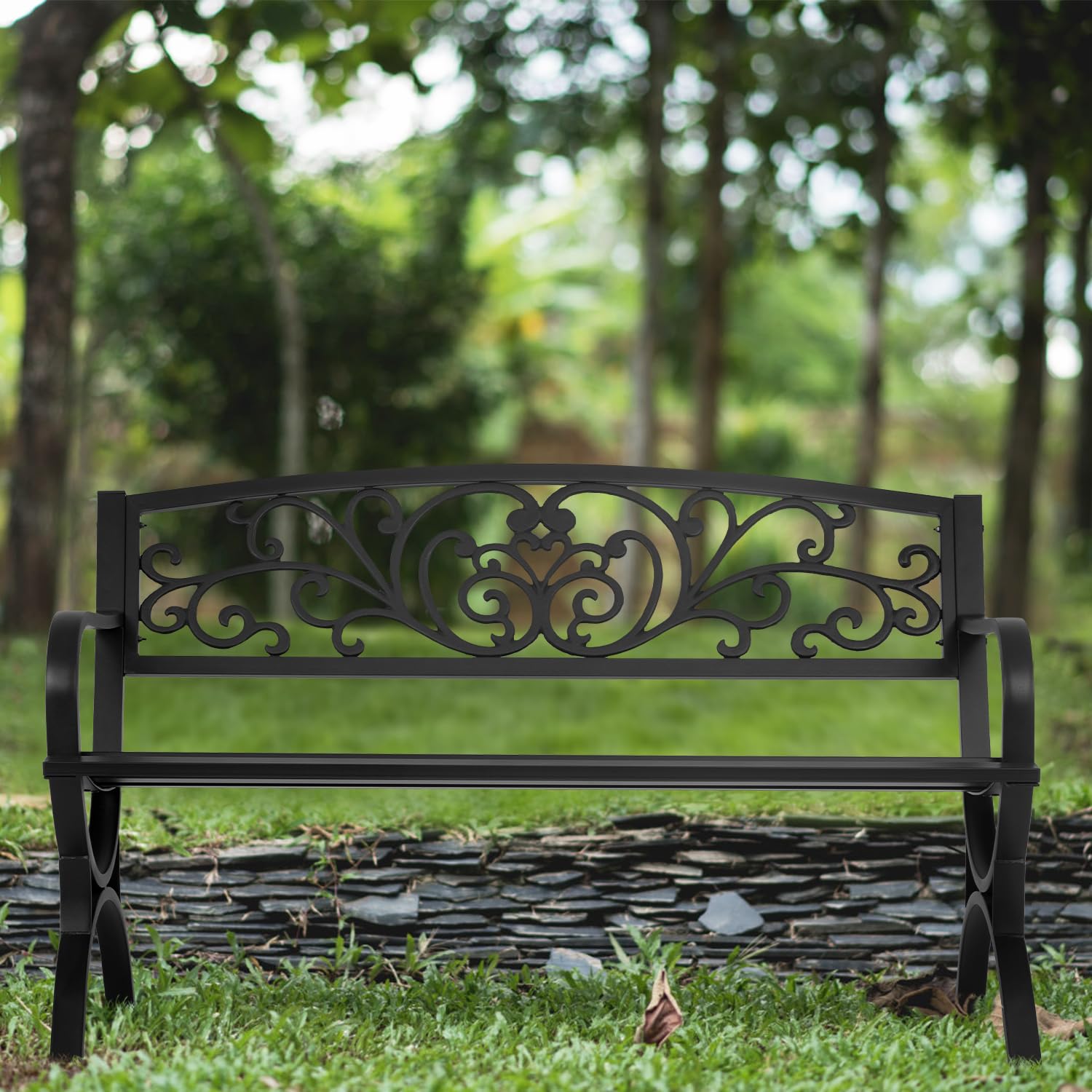Black Outdoor Metal Loveseat Chairs 50-inch - Patio Garden Bench with Slatted Seat & Floral Design Armrests - Perfect for Park, Yard, Porch, Lawn, Balcony, Backyard - Ideal for Relaxing, Sunbathing, and Outdoor Gatherings