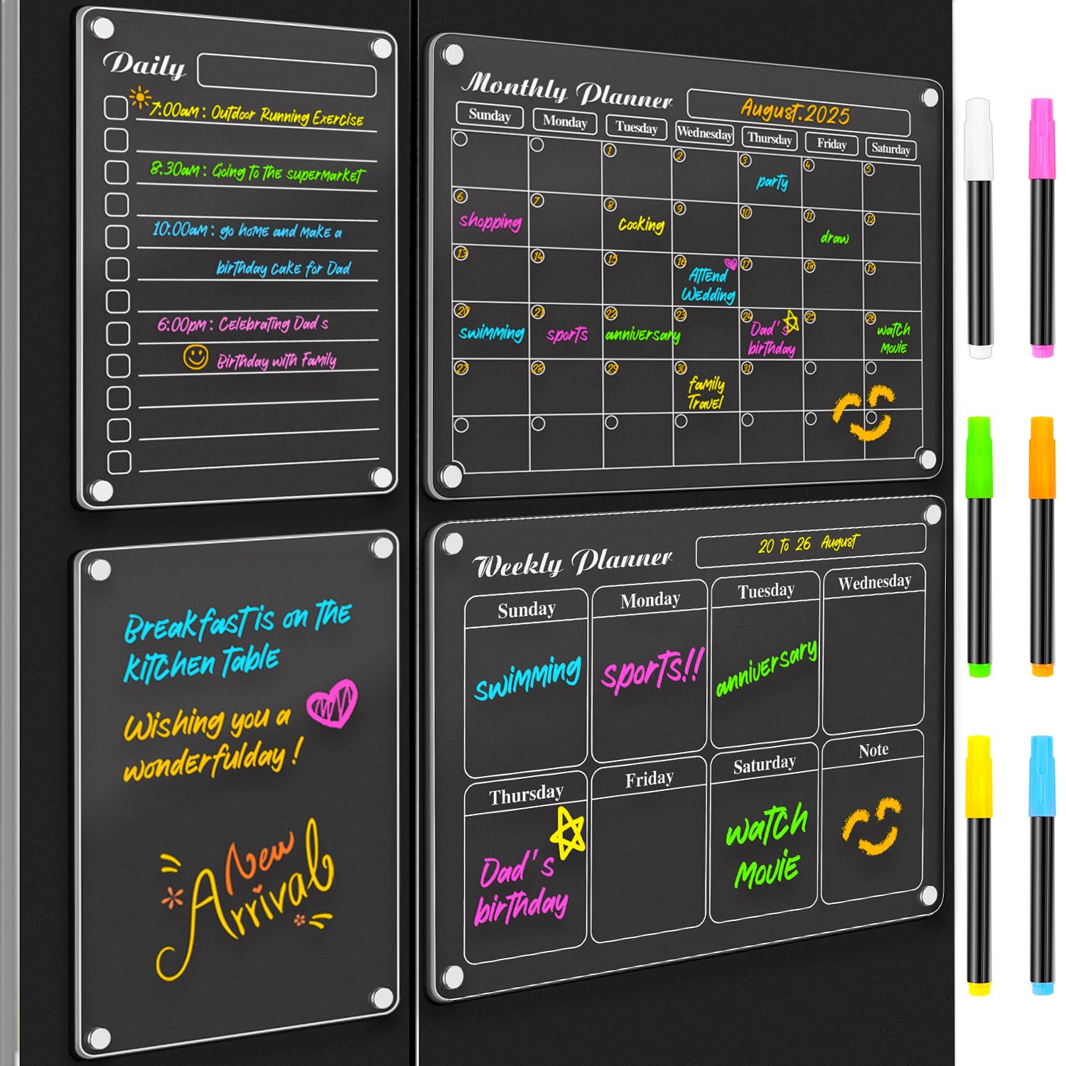 DIYMAG 4Pcs 2025 Magnetic Refrigerator Calendar Set - Acrylic Whiteboard & Chalkboard Monthly Planner with 6 Highlight Markers | Perfect for Kitchen, Office & Home Organization
