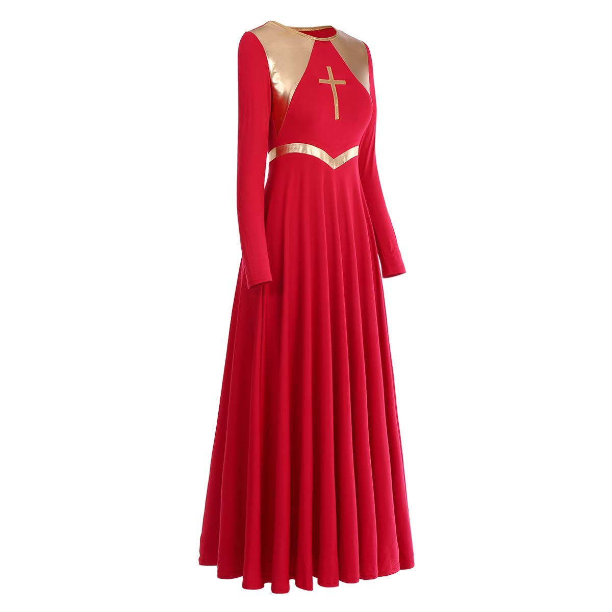 Metallic Cross Praise Dance Dresses for Women - Liturgical Worship Long Sleeve Loose Fit Full Length Dress - Perfect for Church Performances, Gospel Choir & Spiritual Dance Events
