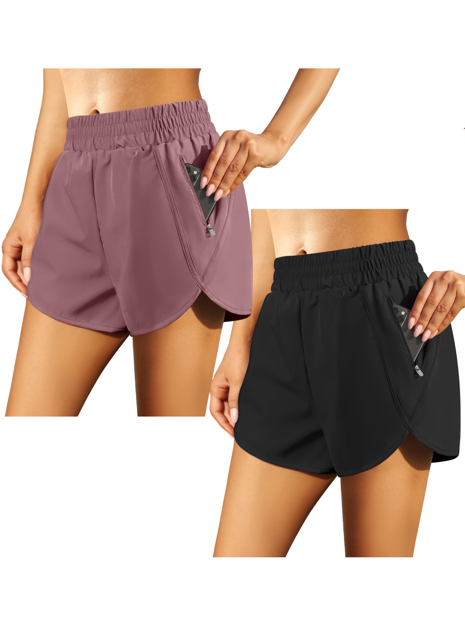 URATOT 2 Pack Quick Dry High Waisted Workout Shorts for Women - Summer Athletic Running Shorts with Zip Pockets - Perfect for Gym, Yoga & Outdoor Activities