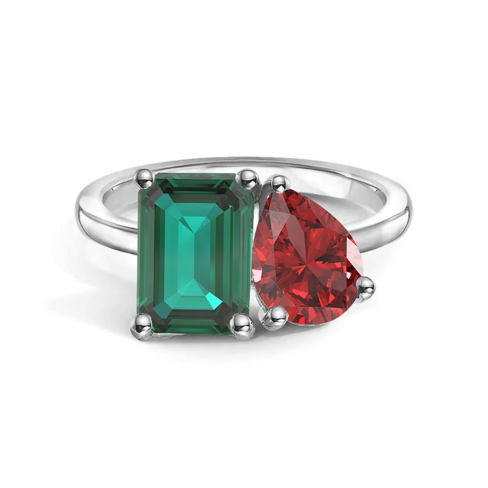 Toi et Moi Personalized Emerald Birthstone Ring - Custom Anniversary Jewelry for Couples, Women's Birthstone Engagement Ring - Perfect for Valentine's Day, Wedding Proposal & Romantic Gifts