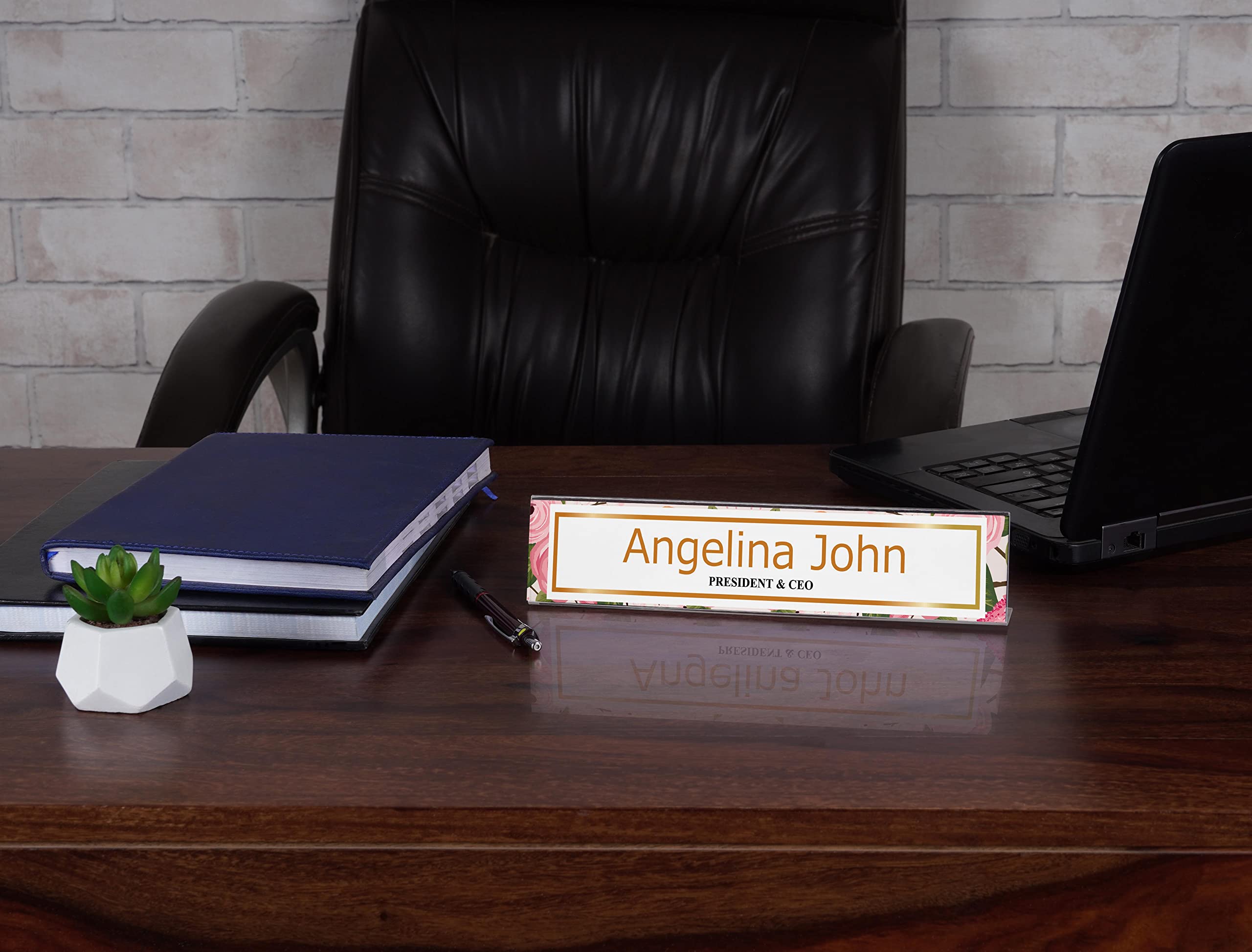 Personalized Acrylic Desk Name Plate - Custom Floral Office Name Sign (2x10 Inches) - Perfect for Workstations, Reception Desks & Home Offices