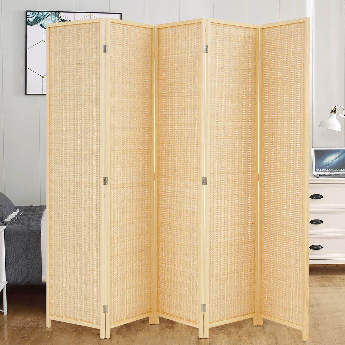 5 Panel Bamboo Room Divider Privacy Screen - Freestanding Natural Beige Folding Partition for Home Office, Bedroom & Living Room Space Separation