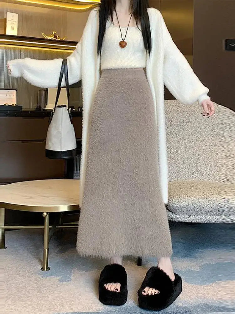 Elegant Black & White Mink Long Skirt for Women - High Waist Elastic French Knit Skirt | Winter 2024 Fashion Trend | Perfect for Vacation, Party & Office Wear