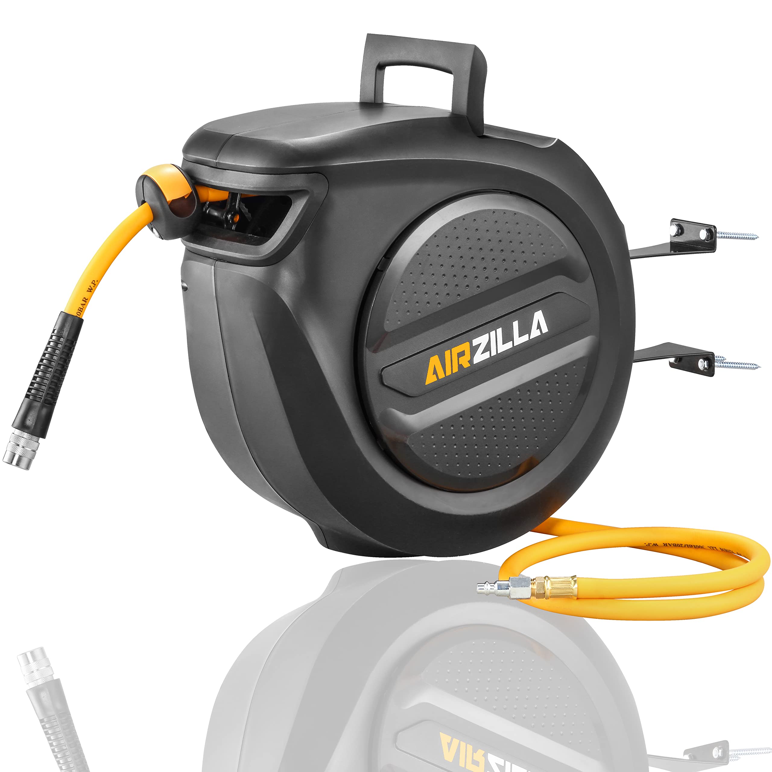 AIRZILLA Retractable Air Hose Reel 3/8 Inch x 50 ft - Heavy Duty Flex Hybrid Air Compressor Hose with Quick Connect, 180° Swivel Mount & 6ft Lead - 300 PSI for Garage, Workshop & Industrial Use