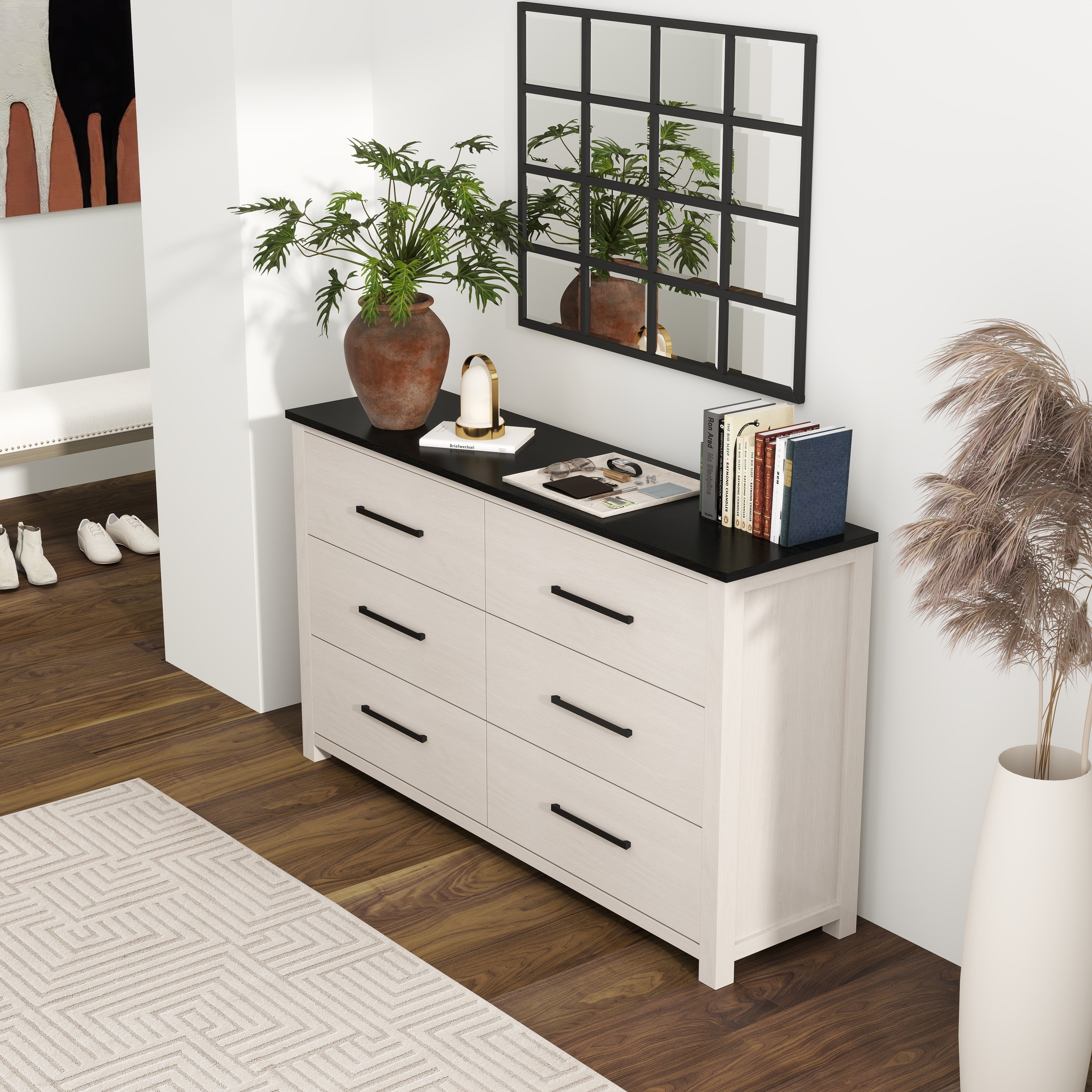 Roundhill Furniture Realynn 6-Drawer Bedroom Dresser in Off White - Spacious Storage for Clothes, Bedroom Organization & Home Decor