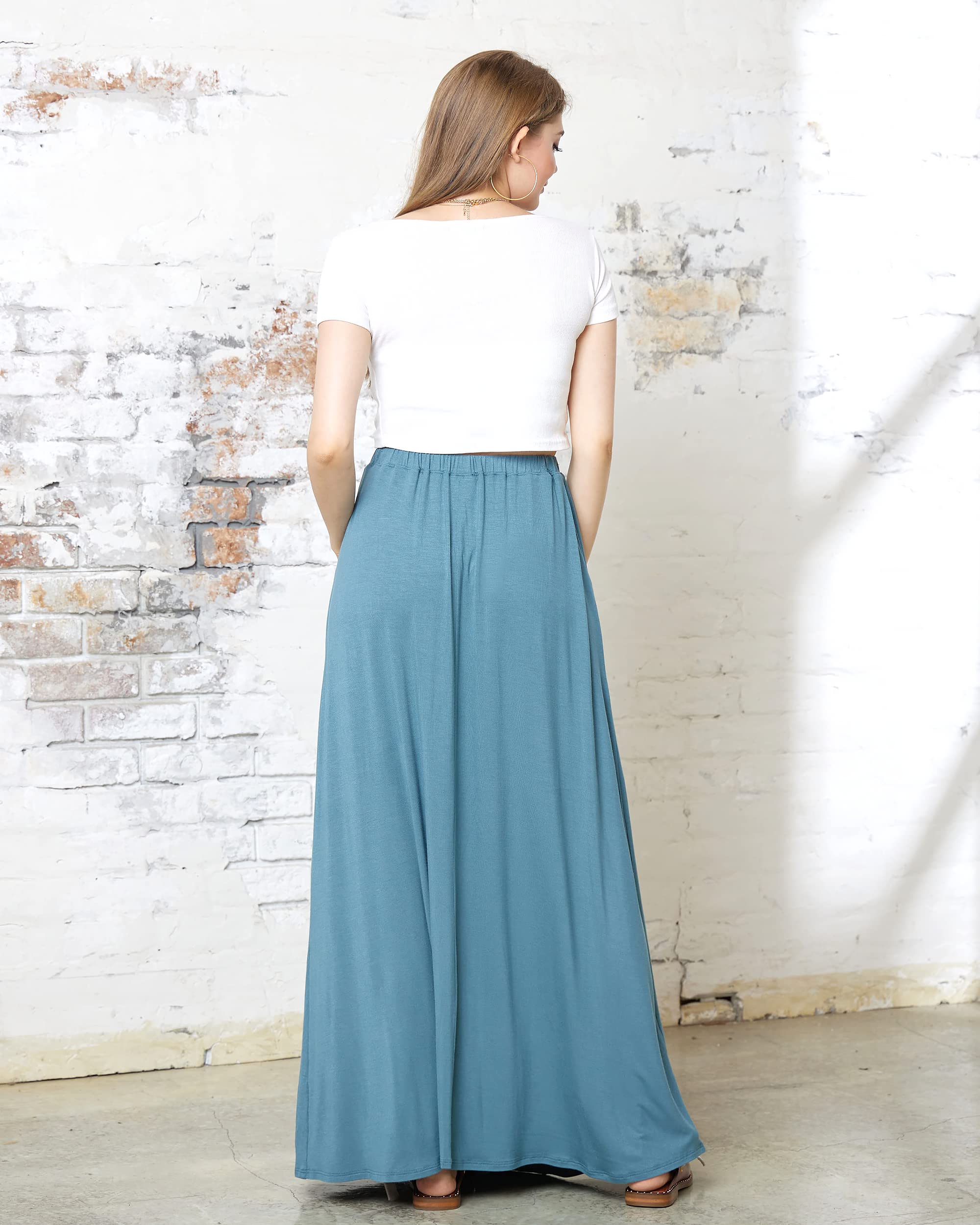 Noflik Women's High Waisted Elastic Boho Maxi Skirt with Side Slits & Pockets - Flowy Long Skirt for Beach, Vacation & Casual Wear