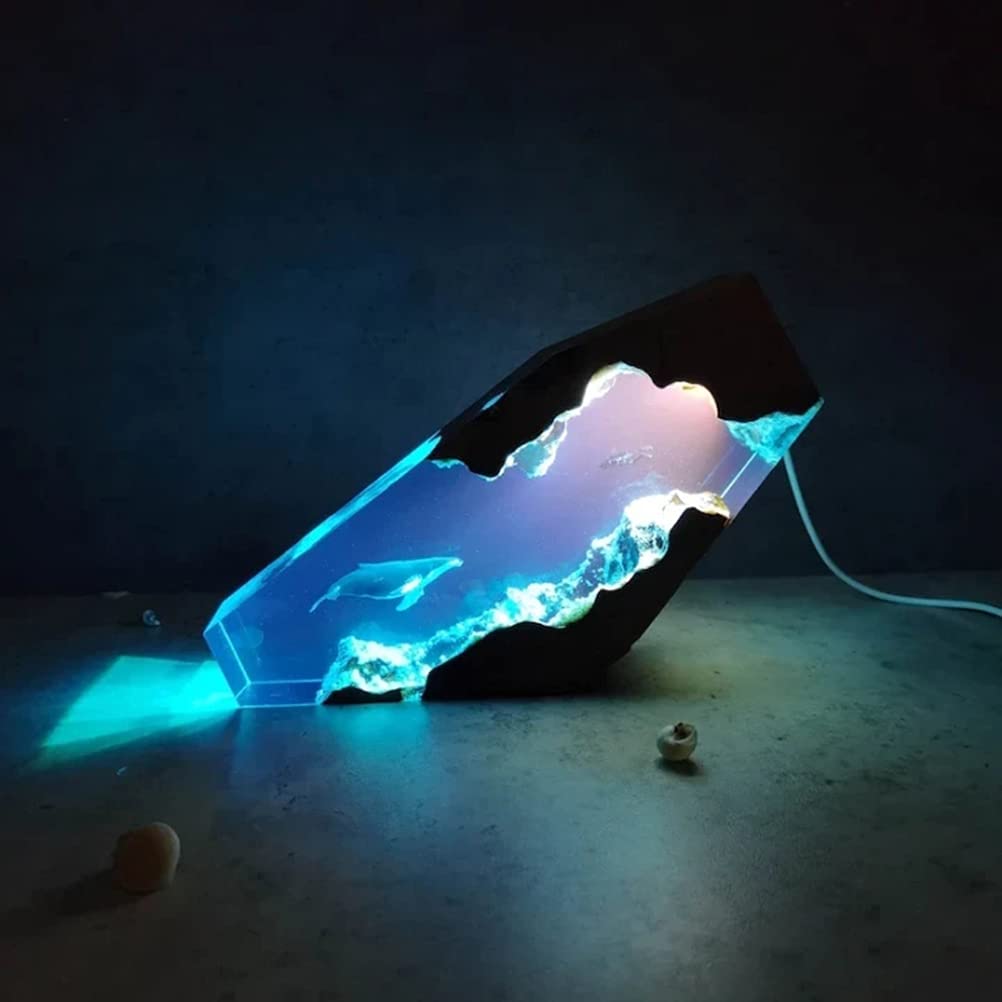 Kedejin Creative Epoxy Resin Wood LED Night Light - Large Diver & Humpback Whale Design, Deep Sea Cave Diving Theme - Perfect for Bedroom, Nursery, Home Decor and Gift Giving