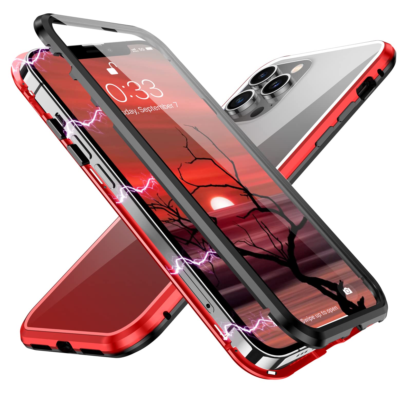 YUNQE Magnetic Clear Case for iPhone 11 Pro - Slim Durable Protective Cover with Tempered Glass Full Body Protection - HD Transparent Shockproof Phone Case (Red) - Perfect for Everyday Use, Travel & Work