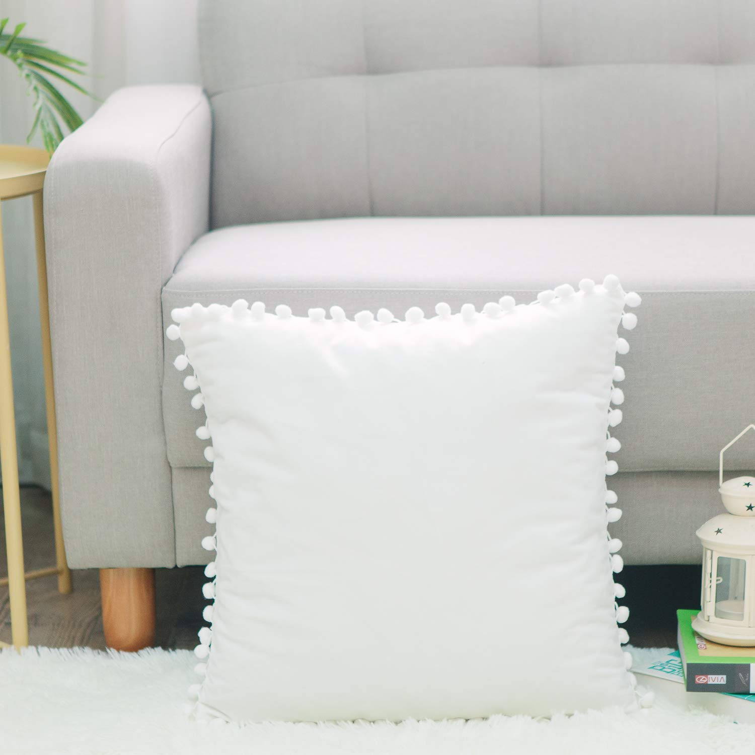 Luxury White Velvet Decorative Throw Pillow Covers with Pom Poms - Soft Solid Square Cushion Cases for Sofa, Couch, Bedroom & Car - Set of 2 (16x16 Inches) - Perfect for Home Decor, Living Room Accents & Cozy Comfort