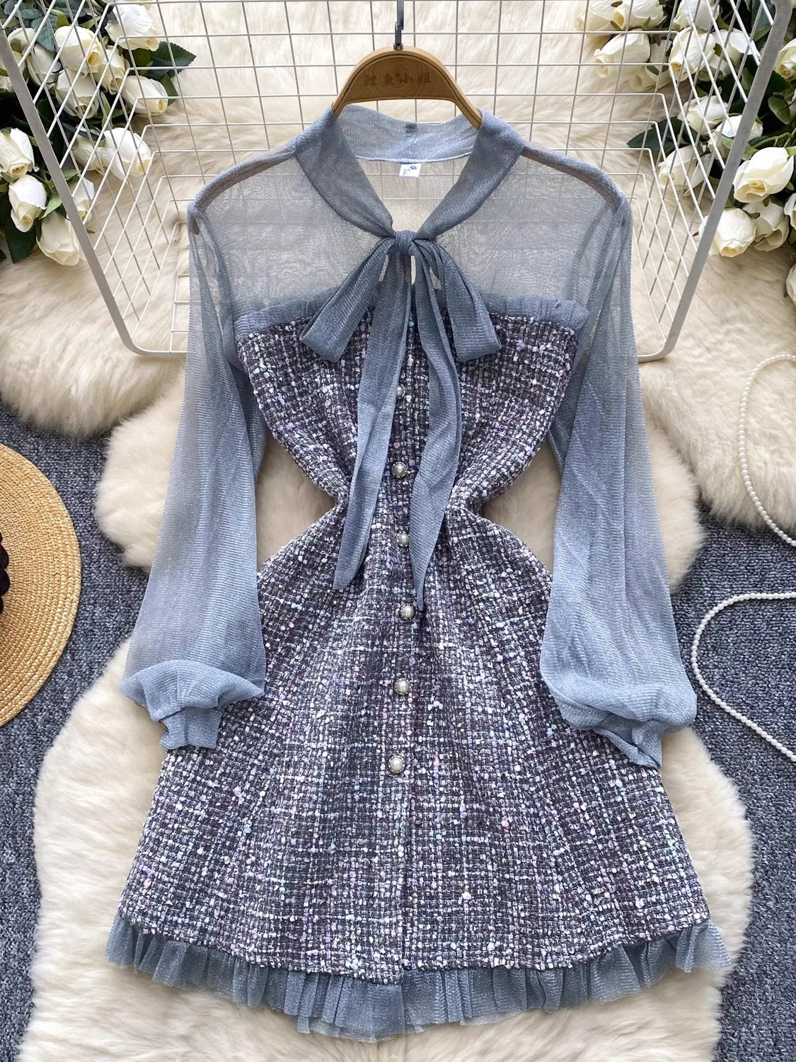 Elegant Black Mesh Patchwork Plaid Long Sleeve Bow Dress for Women - Slim Fit Midi Dress with Single Breasted Design in Gray | Perfect for Fall 2024 Fashion, Office Wear & Special Occasions