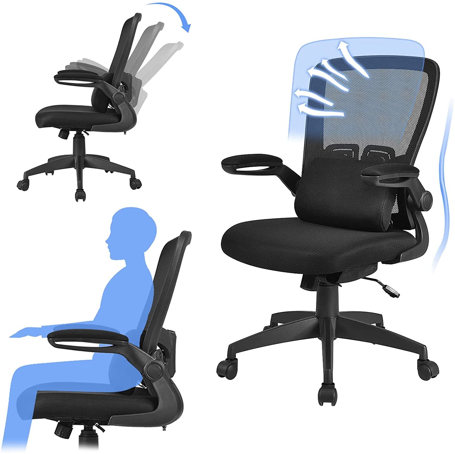 Ergonomic Mesh Office Chair with Lumbar Support, Flip-Up Padded Armrests & Height Adjustable Tilt Mechanism - Black - Perfect for Home Office, Gaming & Workspace Comfort
