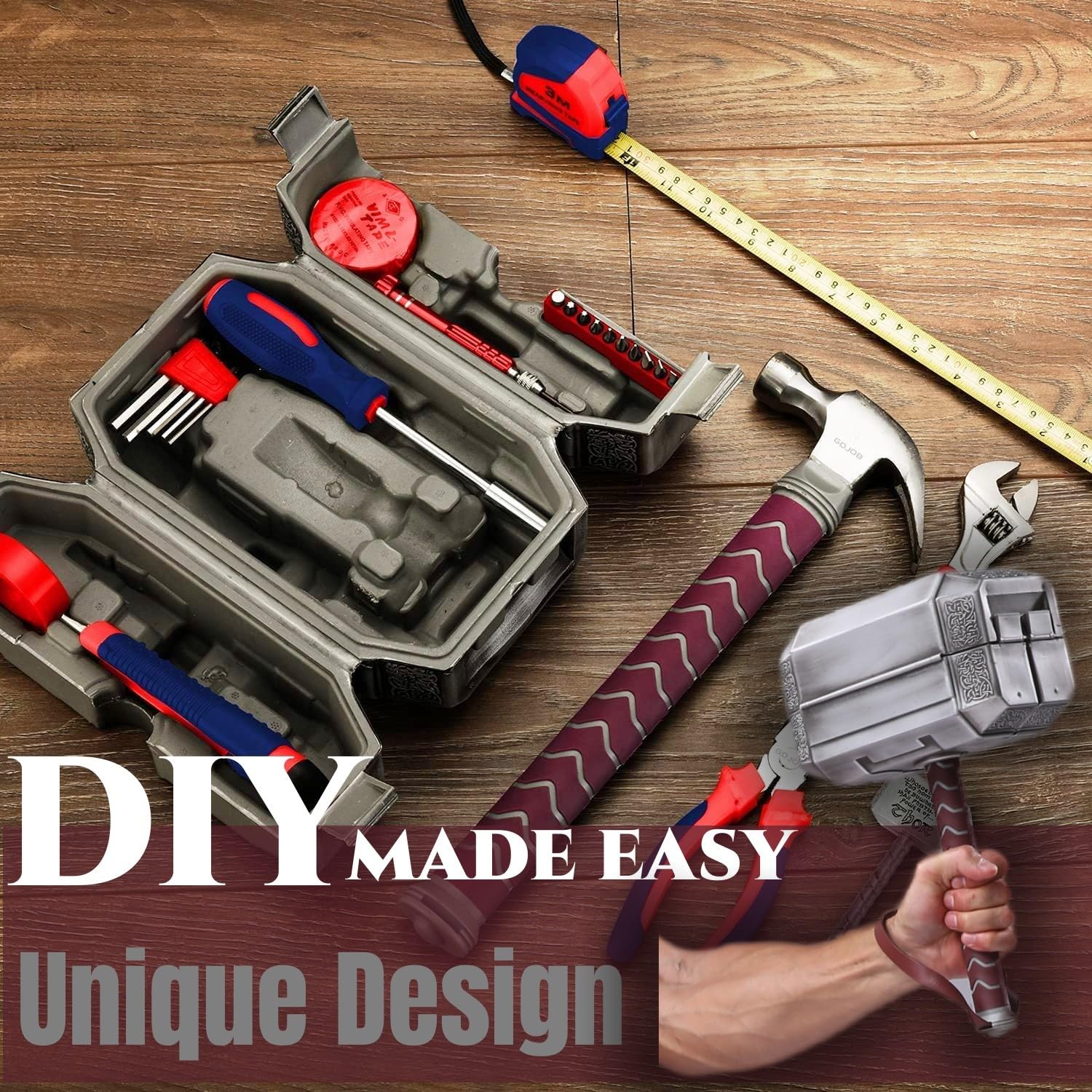 Thor's Mjolnir Hammer Tool Kit Set - 45-Piece Home Repair Tool Box with Hammer, Screwdrivers & Pliers - Perfect for DIY Projects, Household Repairs & Men's Gifts for Holidays, Birthdays & Father's Day