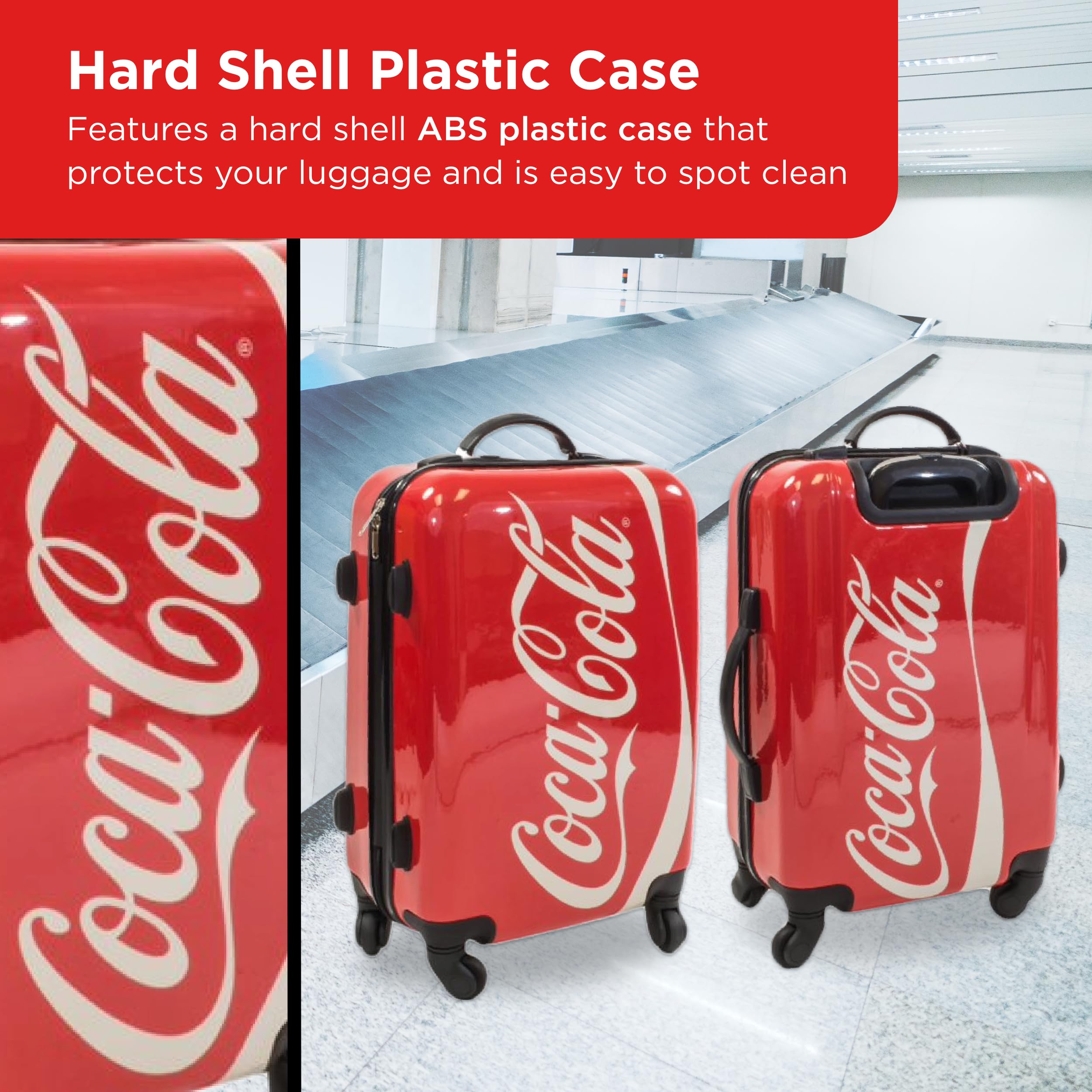 Concept One Coca Cola 21 Inch Carry On Luggage - Durable Hardshell Rolling Suitcase with 360° Spinner Wheels, Vibrant Red & Multicolor Design - Perfect for Air Travel, Business Trips & Weekend Getaways
