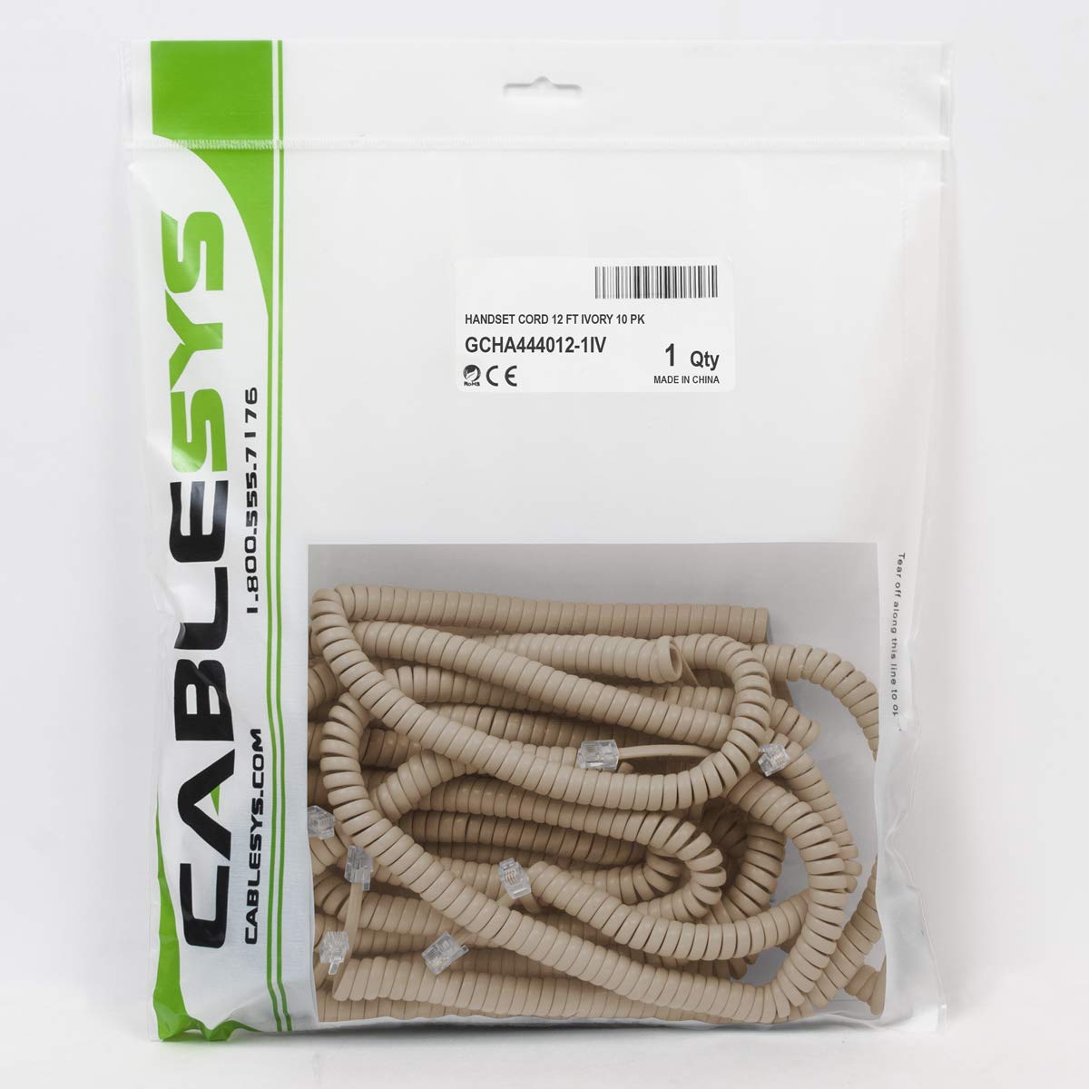 Cablesys 12 Ft Coiled Telephone Handset Cord - RJ22 Connector, 1.5 Inch Lead (10-Pack, Ivory) for PBX & VoIP Phone Systems | Office & Call Center Use