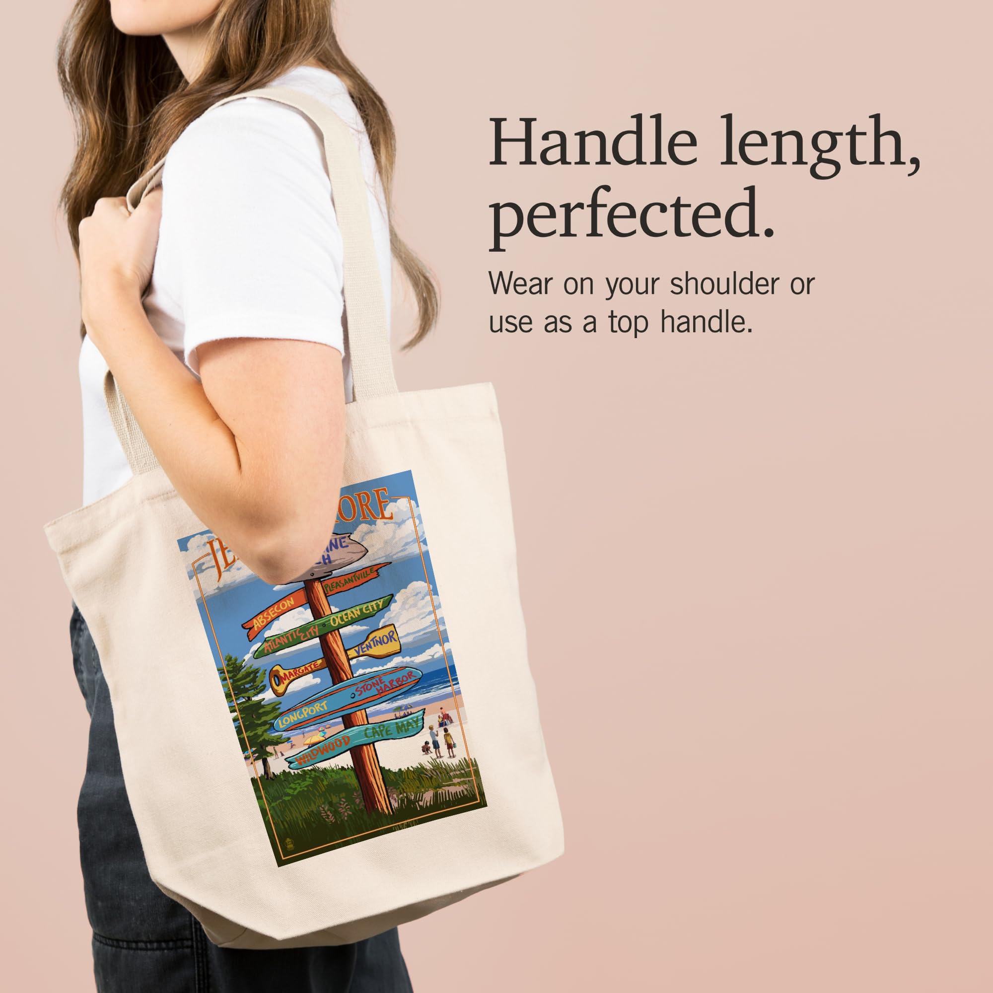 Lantern Press Brigantine Beach New Jersey Signpost Tote Bag - 100% Cotton Canvas Reusable Shopping Bag for Beach, Grocery & Everyday Use