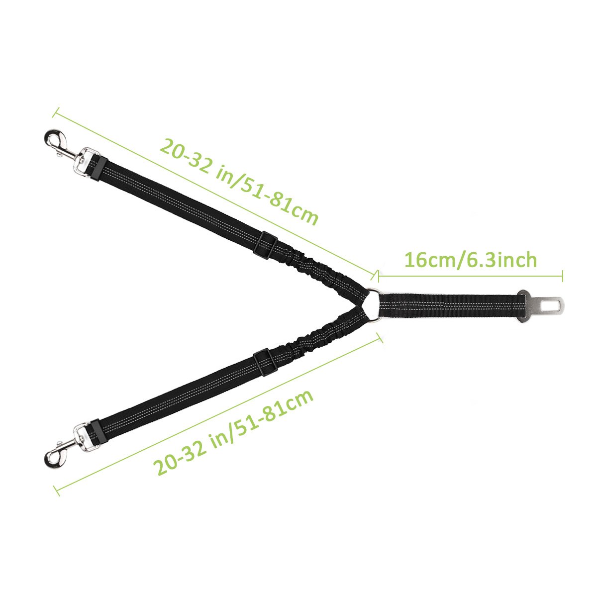 SlowTon Adjustable Double Dog Seat Belt - Y-Shape No Tangle Pet Car Harness with Elastic Bungee & Reflective Safety Leash for Vehicle Travel | Perfect for Road Trips with Two Dogs (Black, Medium)